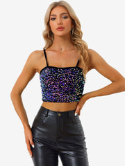 Sequined Velvet Spaghetti Strap Club Party Cropped Cami Top