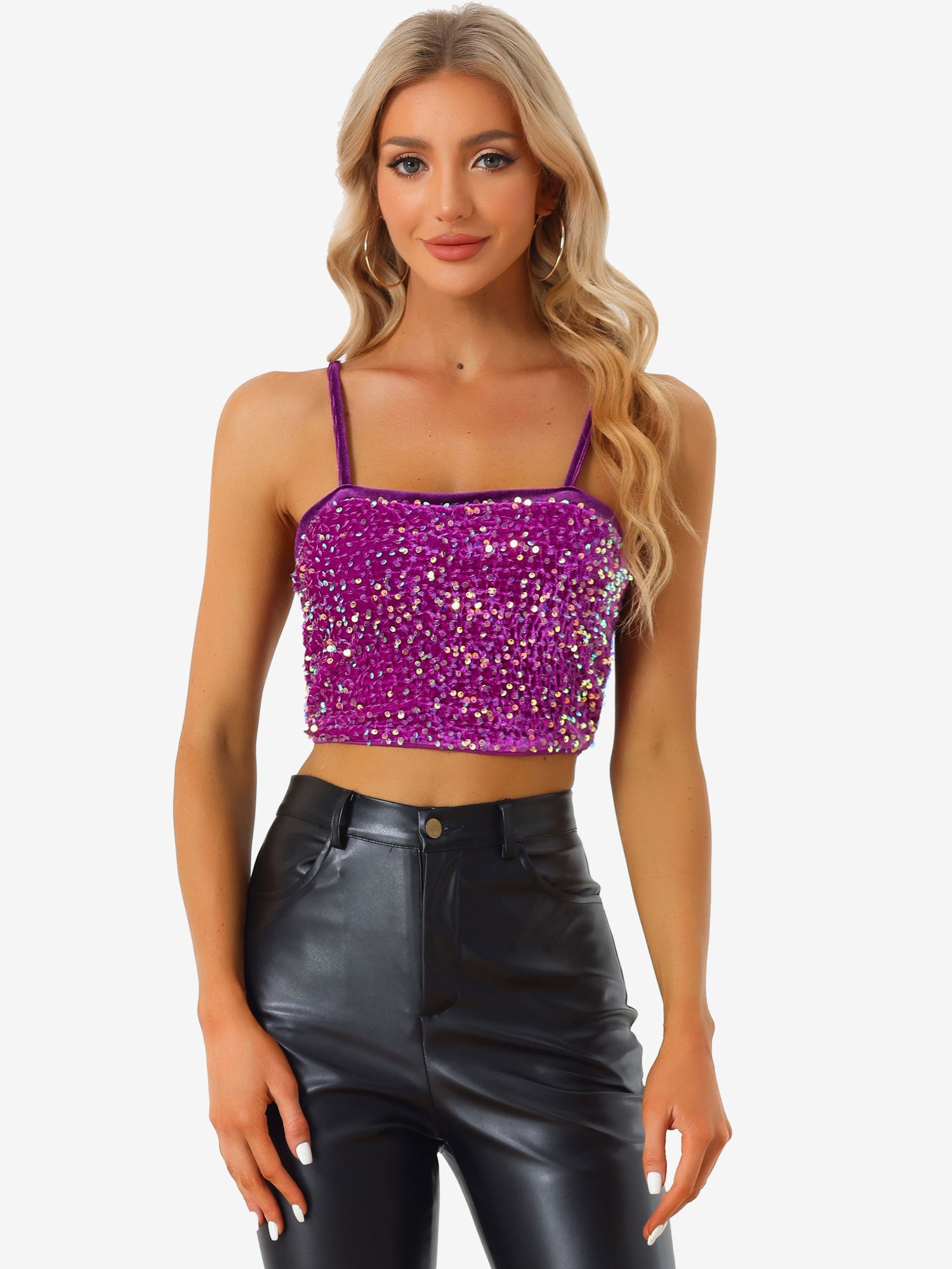Sequined Velvet Spaghetti Strap Club Party Cropped Cami Top