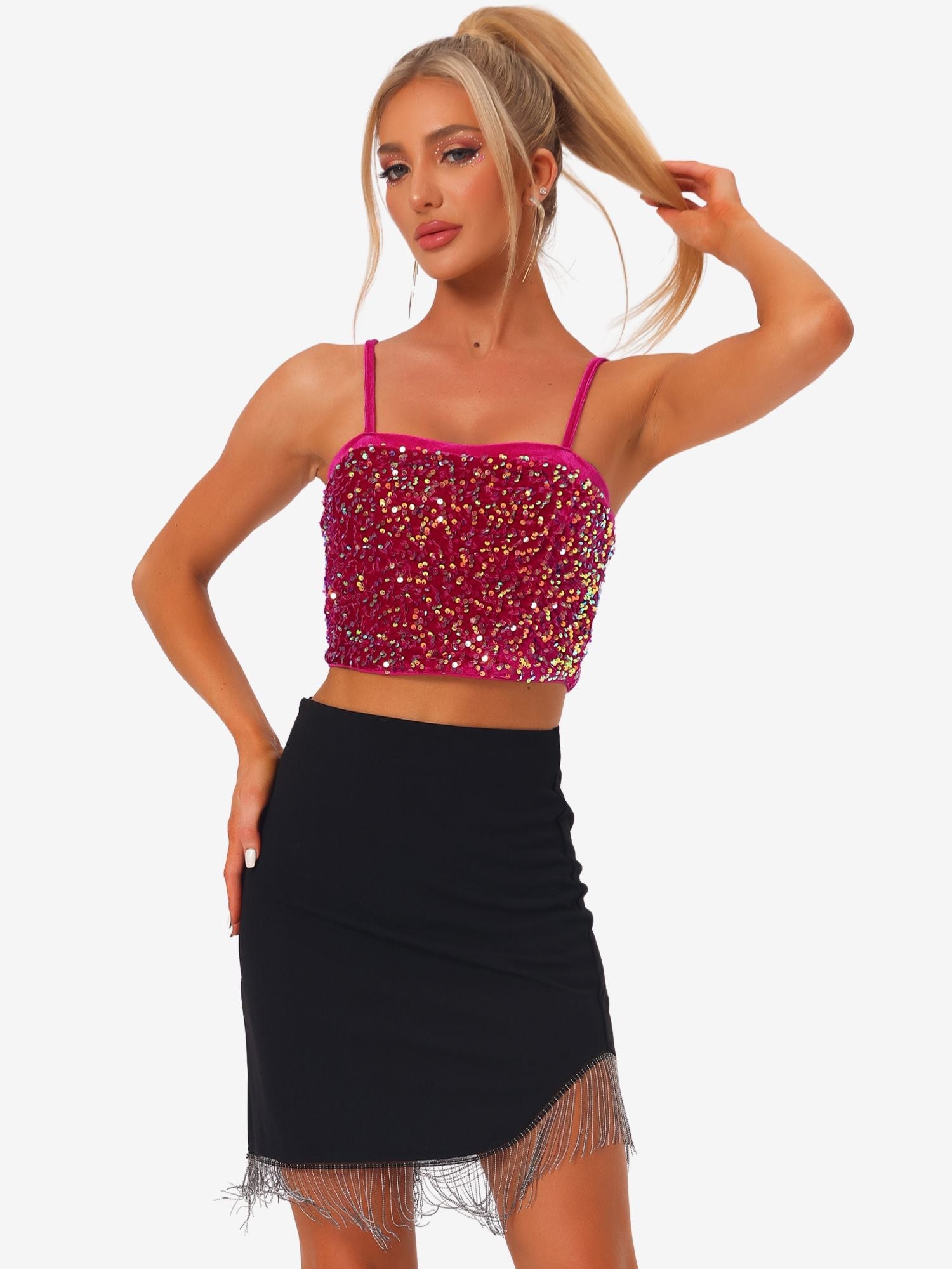 Sequined Velvet Spaghetti Strap Club Party Cropped Cami Top