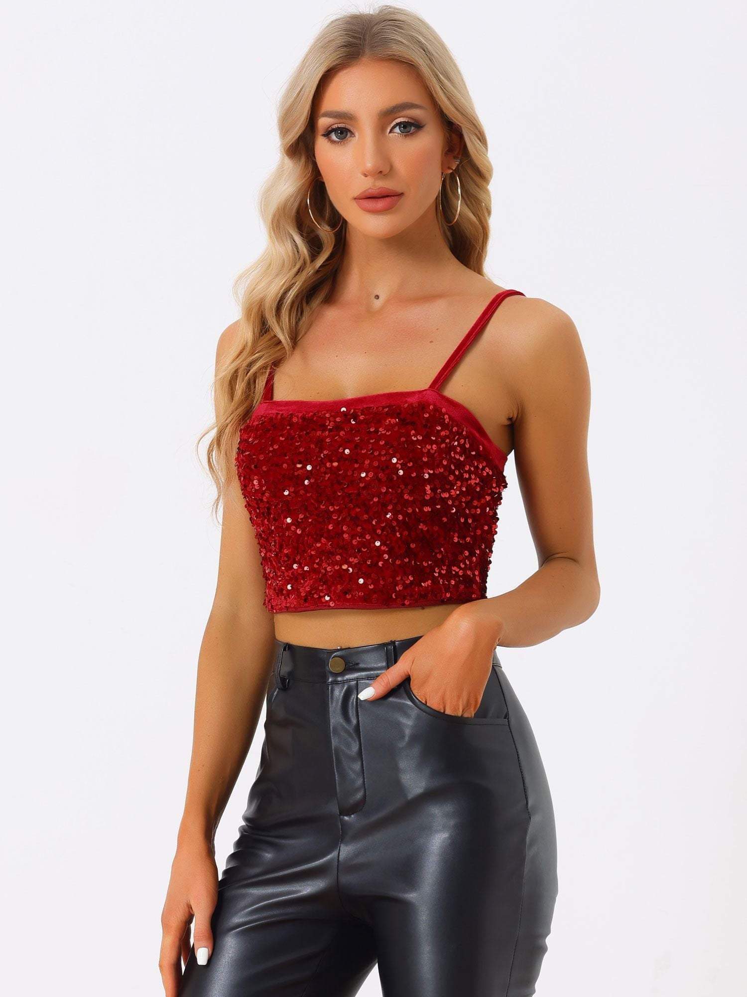 Sequined Velvet Spaghetti Strap Club Party Cropped Cami Top