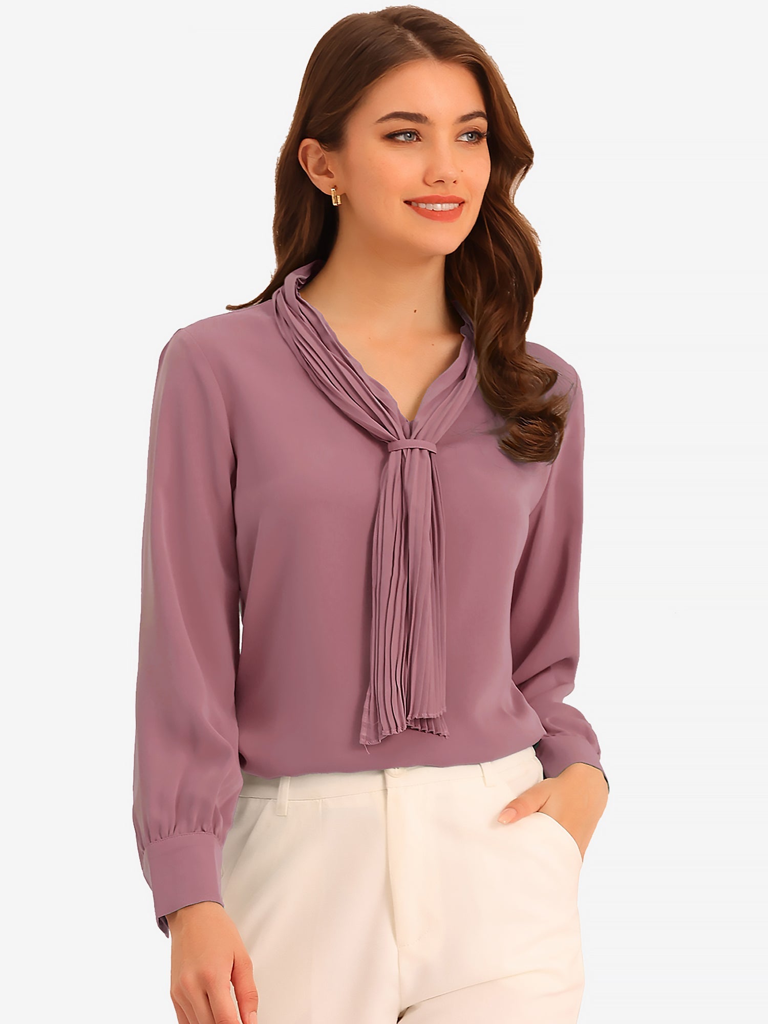 Long Sleeve Chiffon Pleated Tie Neck Office Blouse