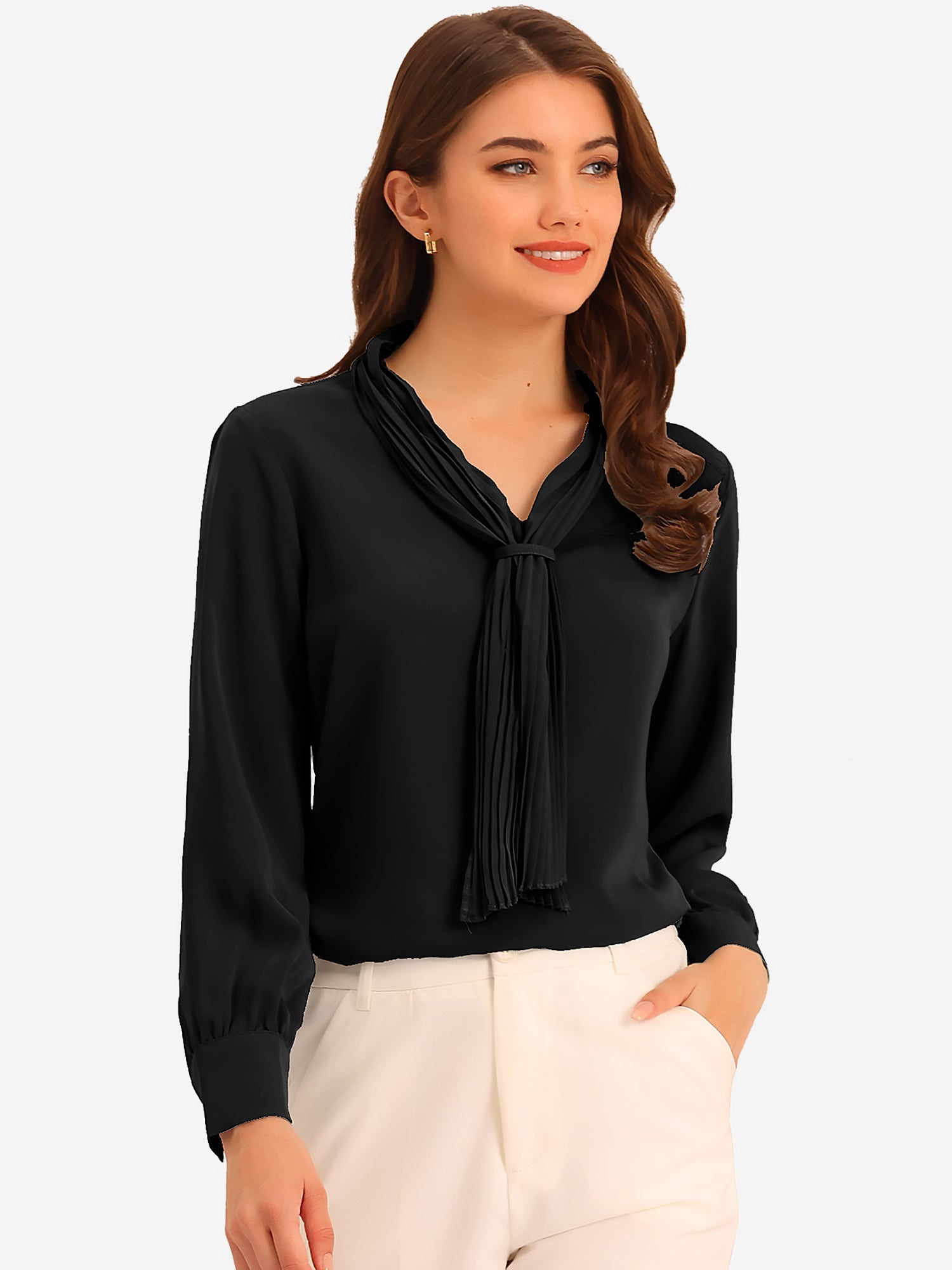 Long Sleeve Chiffon Pleated Tie Neck Office Blouse