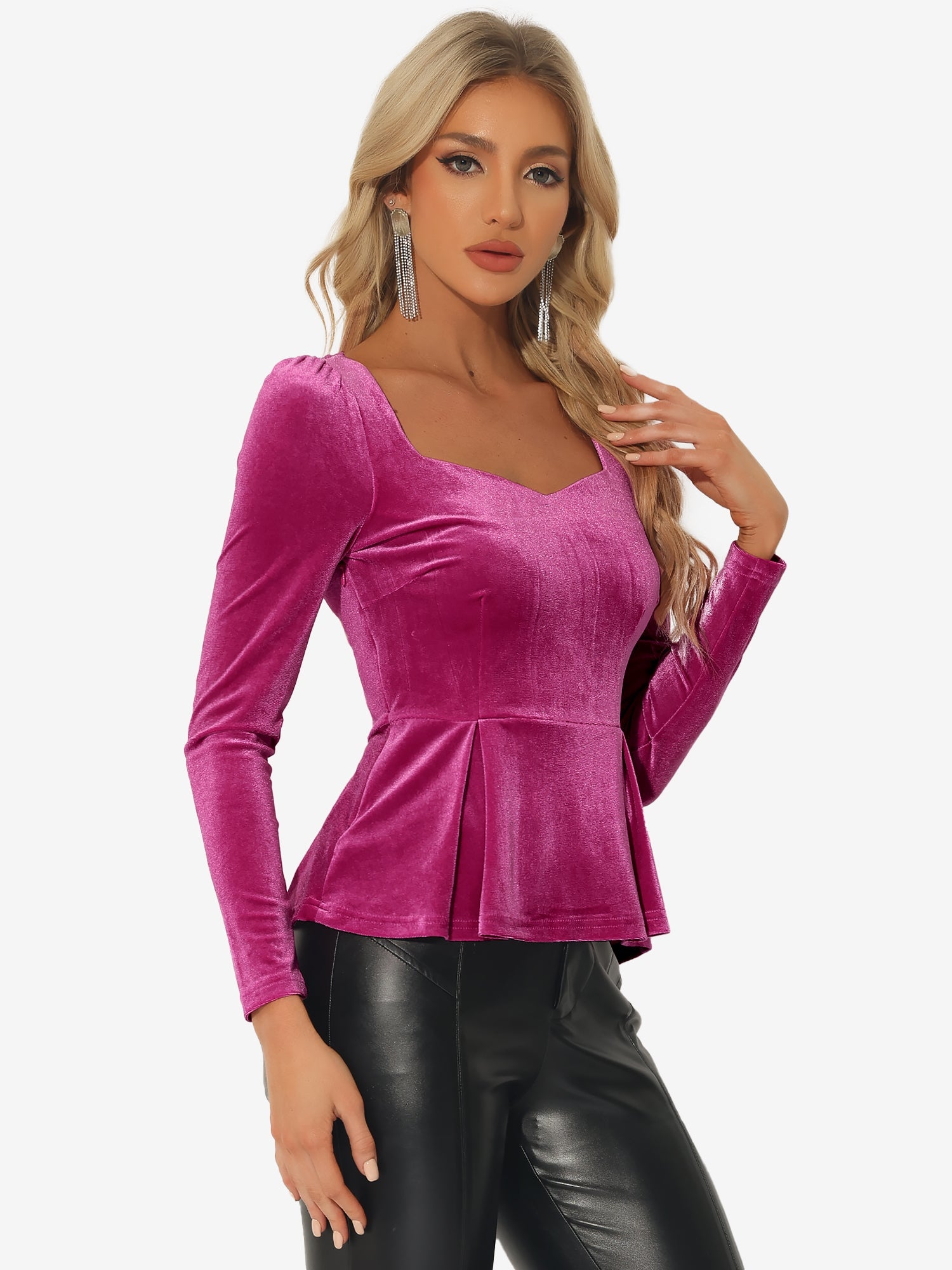 Velvet Blouse Elegant Sweetheart Neck Long Sleeve Peplum Top