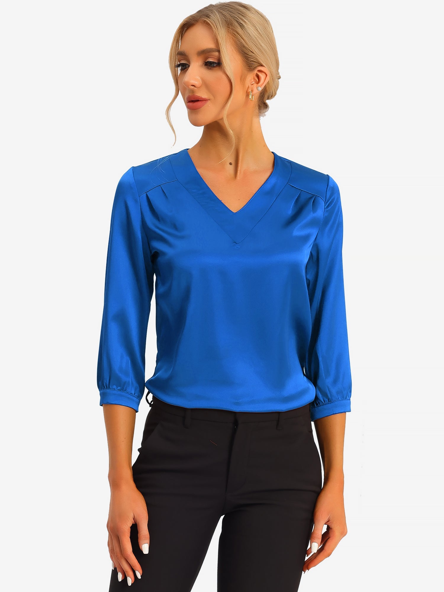 Casual Office Blouse 3/4 Sleeve V Neck Satin Shirt