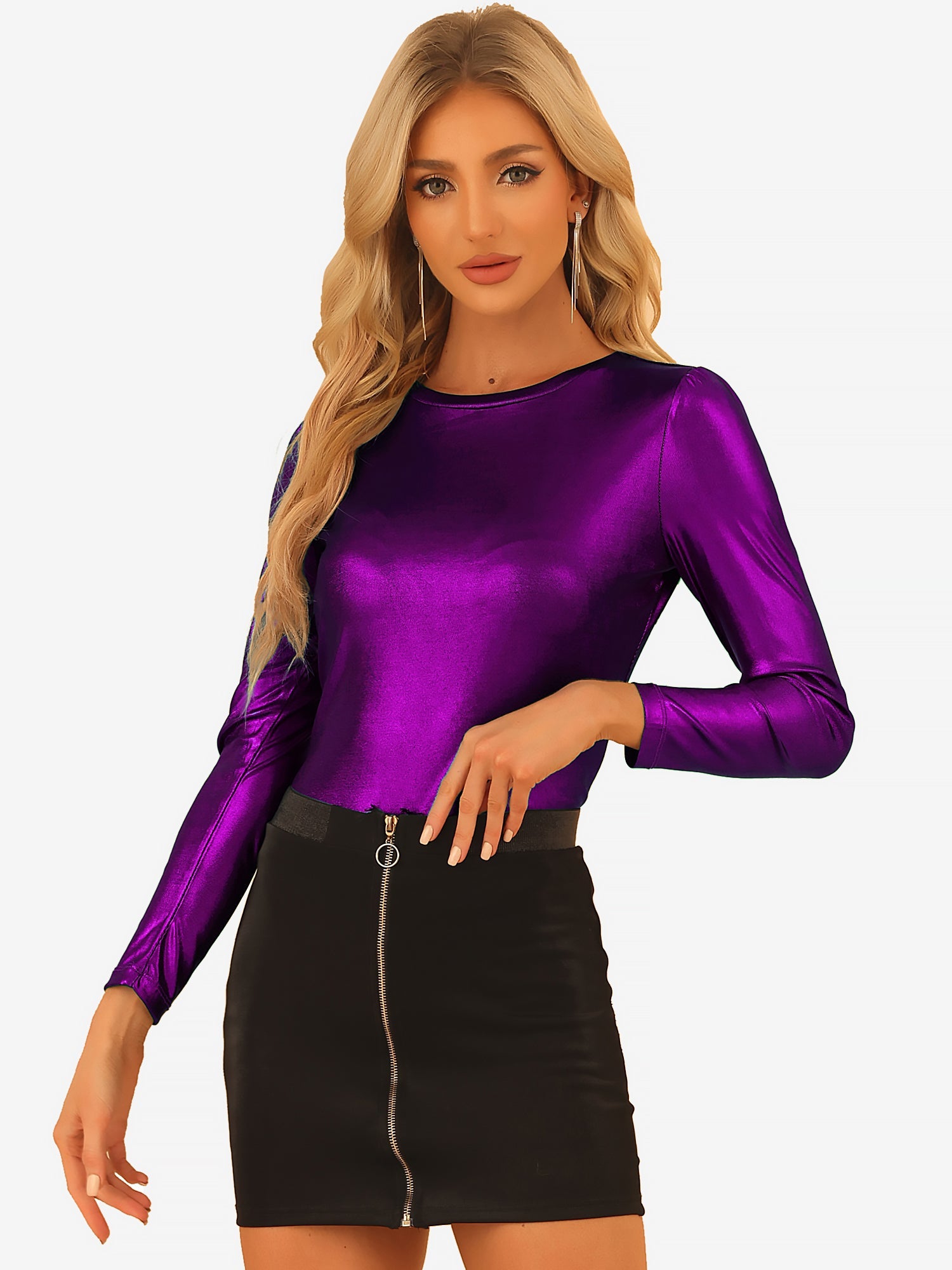 Long Sleeve Sparkly Party Glitter Shiny Metallic Blouse