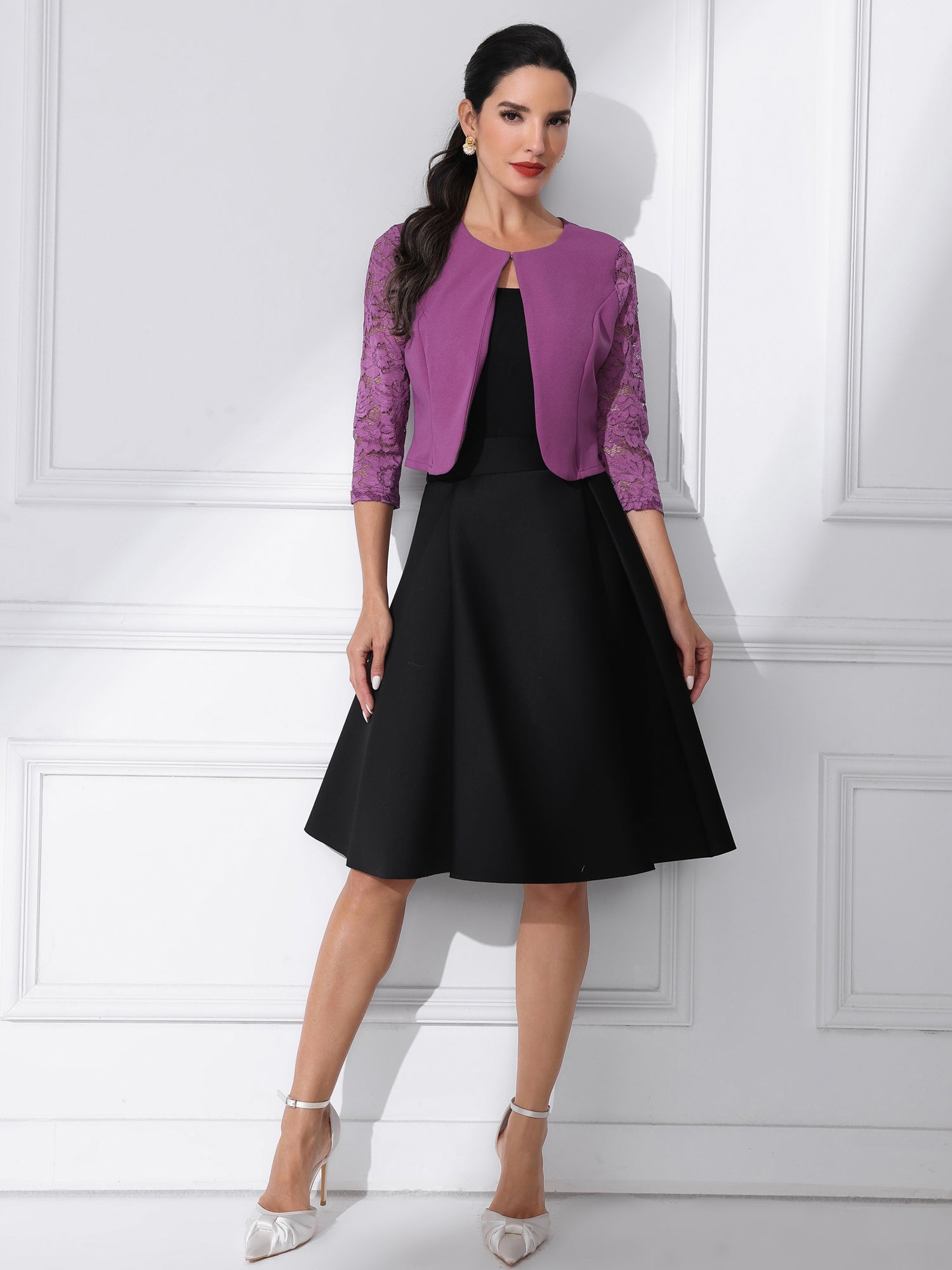 3/4 Sleeve Floral Lace Open Front Office Bolero Shrug