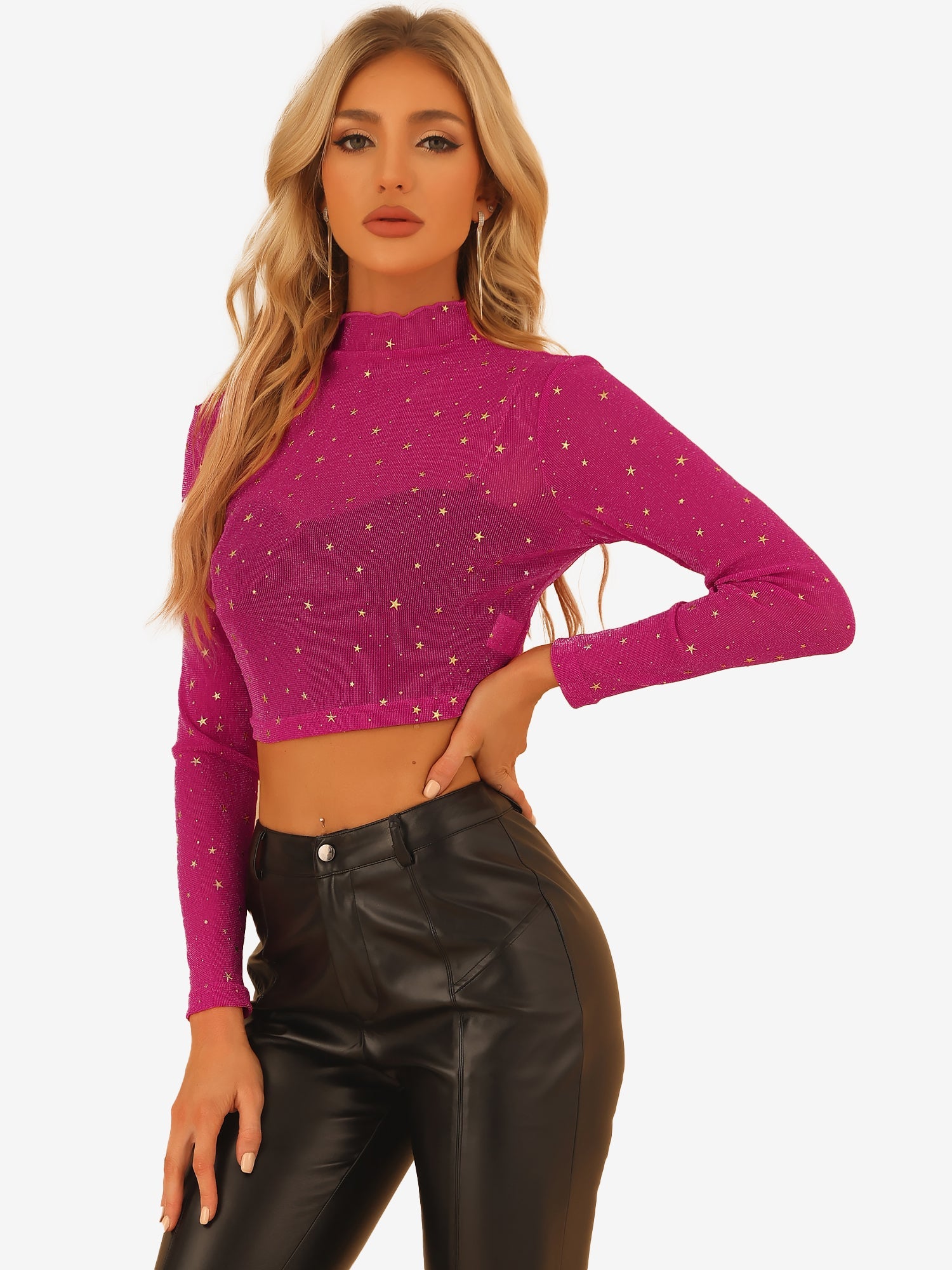 Mesh Crop Top Stars Mock Neck Party See Through Blouse