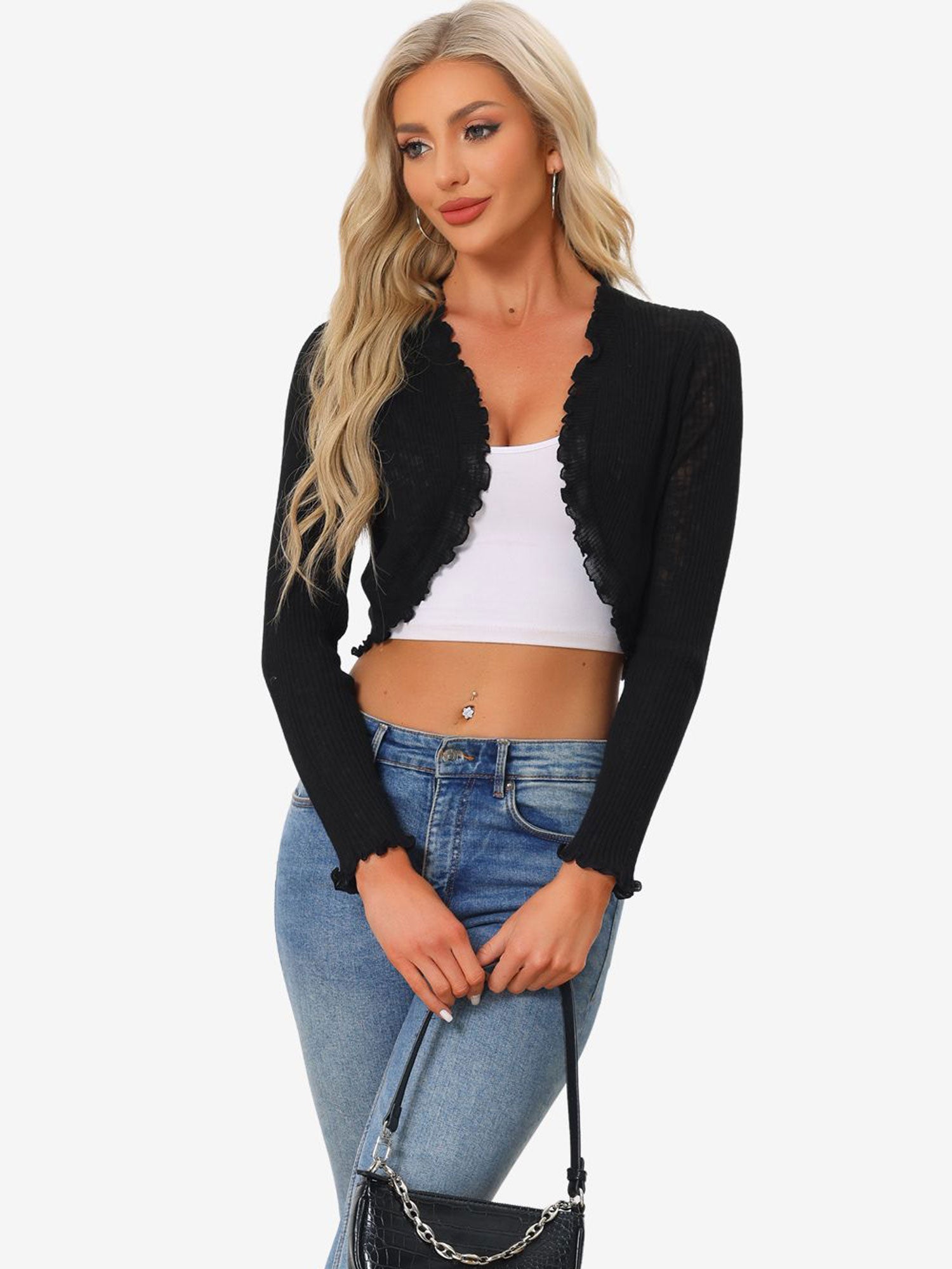 Women's Crop Shrug Ruffle Trim Long Sleeve Knit Elegant Open Front Casual Bolero Cardigan Shrugs