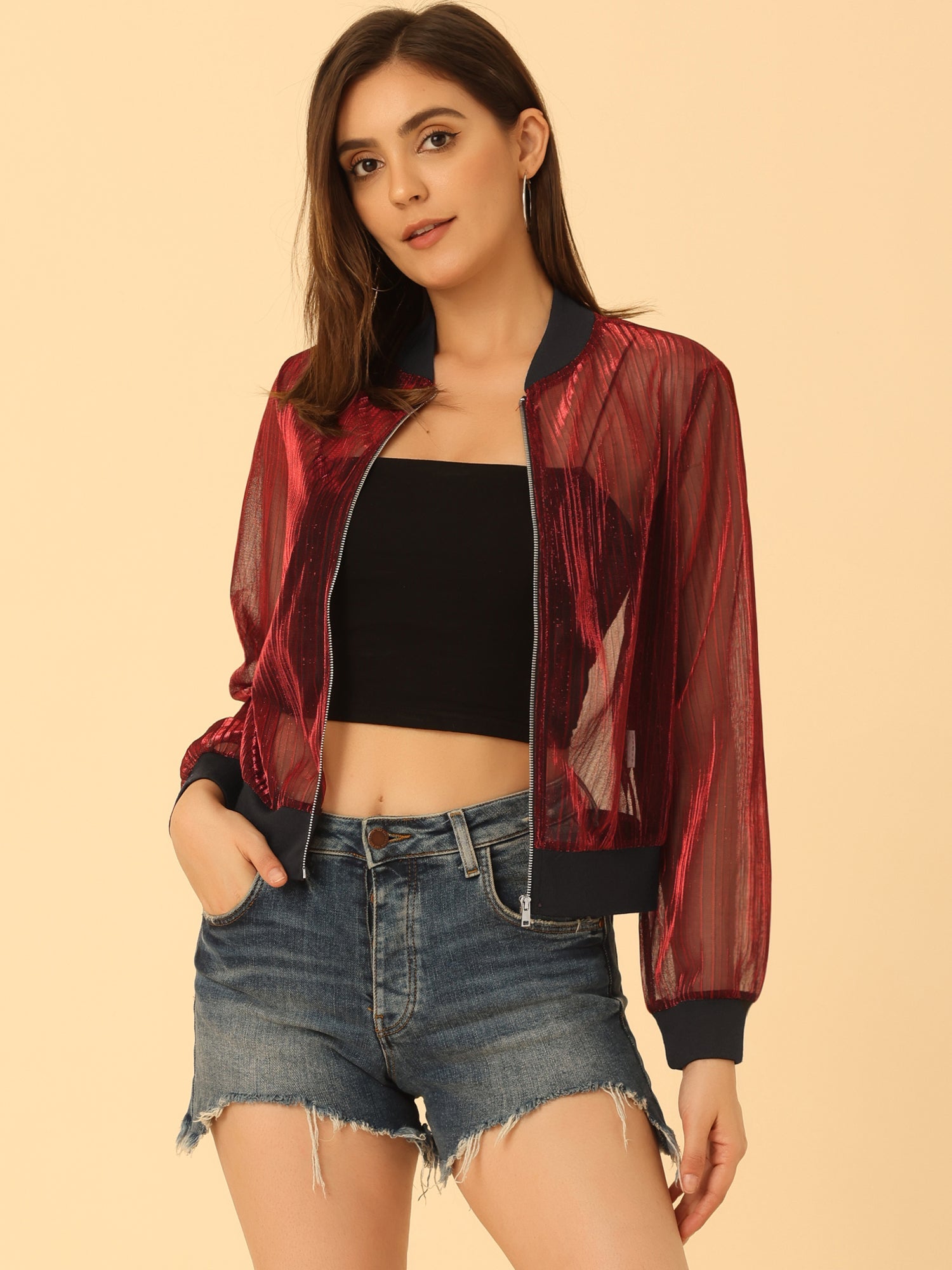 Sheer Mesh Shiny Long Sleeve See Through Zip Up Jacket