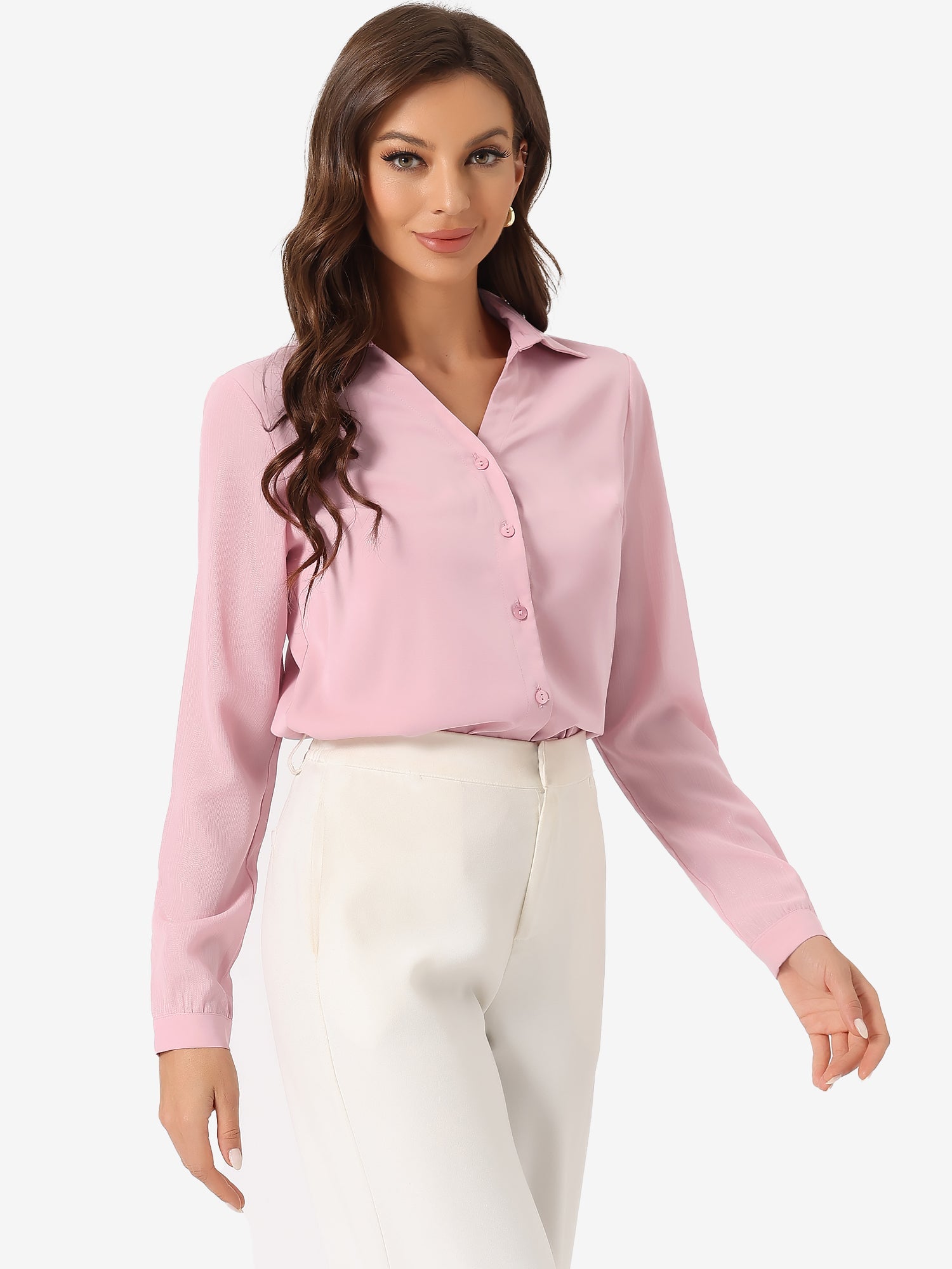V Neck Point Collar Mesh Sleeve Button Down Work Office Shirt