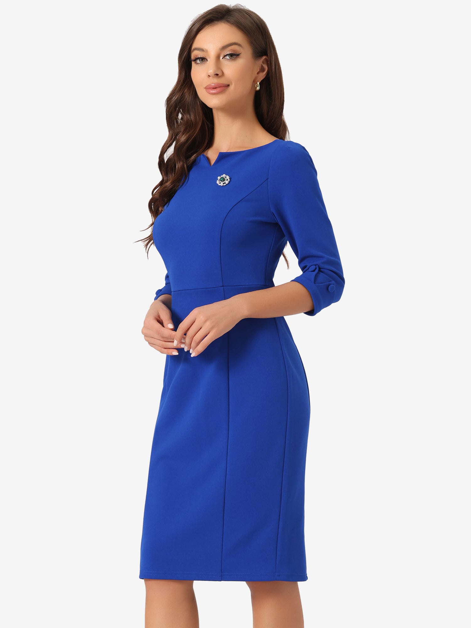 3/4 Sleeve Notch Neck Slim Fit Work Pencil Midi Dress
