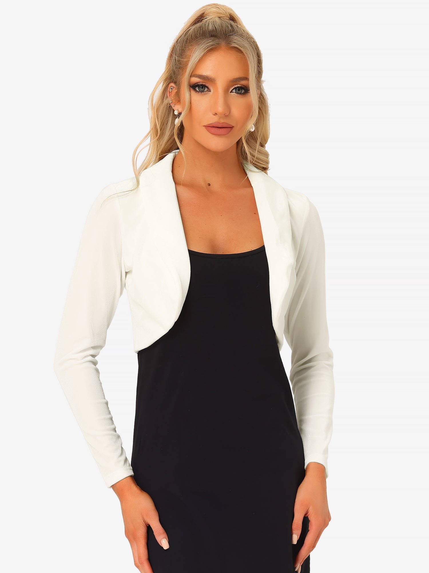 Long Sleeve Lapel Collar Velvet Open Front Cropped Bolero Shrugs