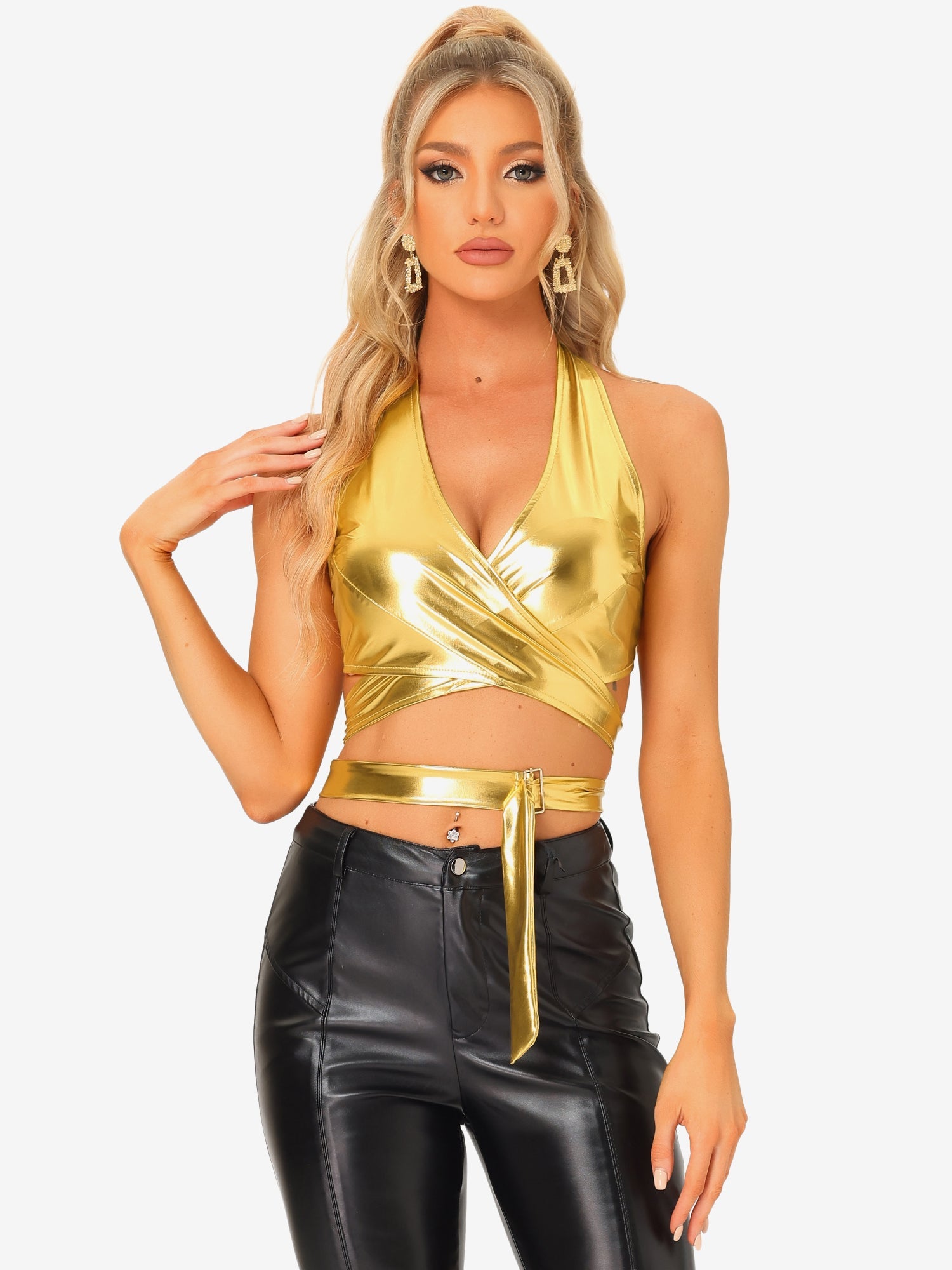 Metallic Halter Neck Deep V Neck Backless Holographic Crop Top