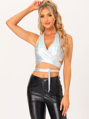 Metallic Halter Neck Deep V Neck Backless Holographic Crop Top