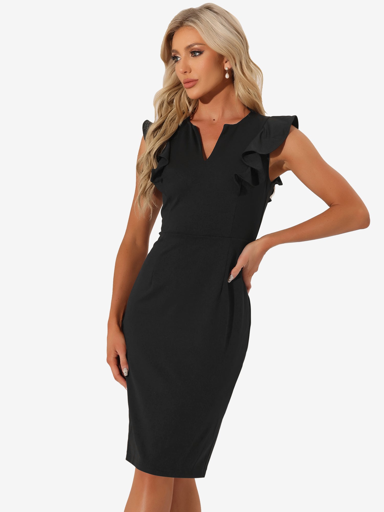 Ruffles V Neck Split Work Pencil Sleeveless Sheath Dress