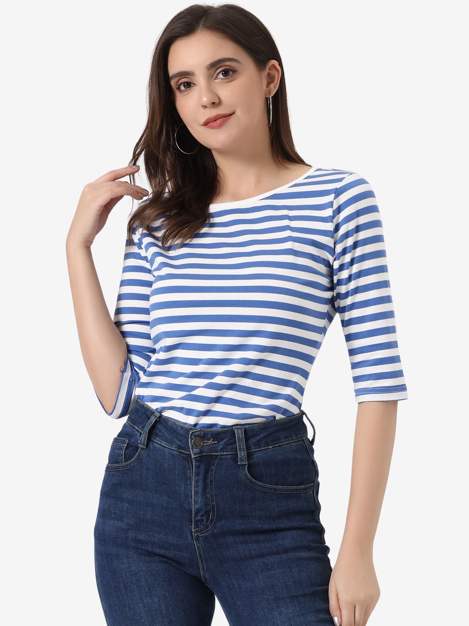 3/4 Sleeve Round Neck Casual Striped T-Shirt