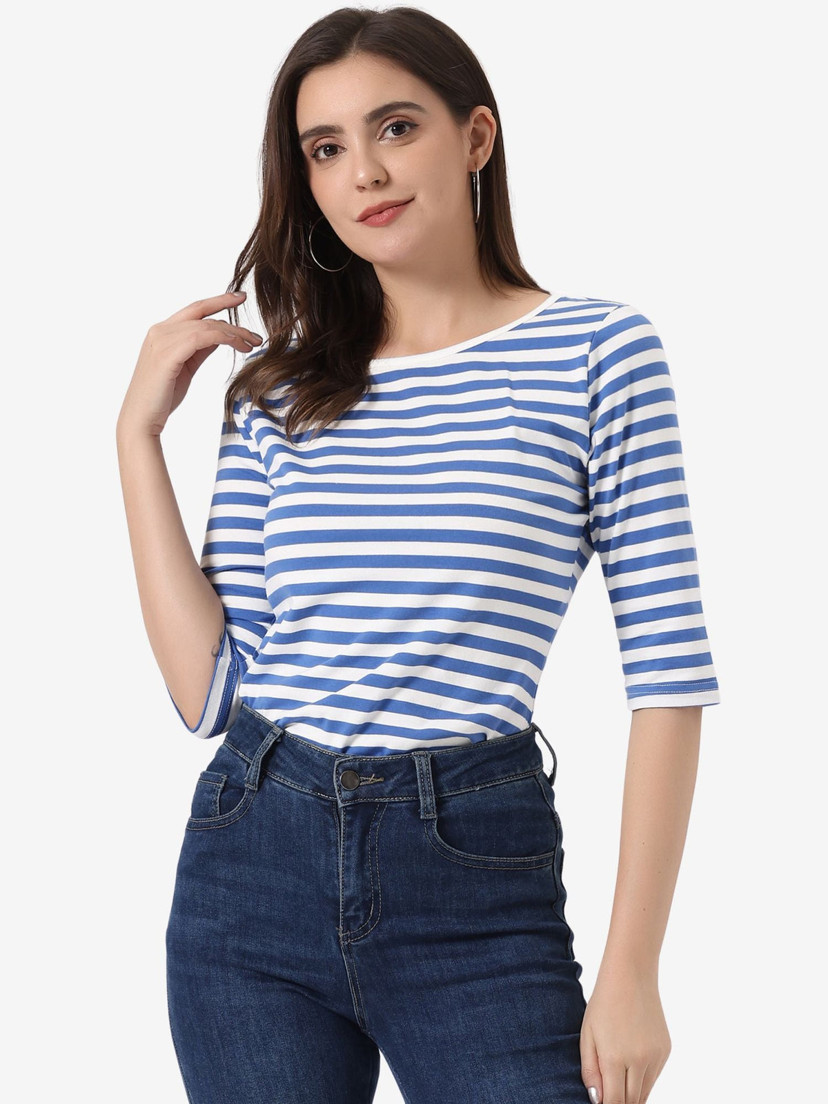 3/4 Sleeve Round Neck Casual Striped T-Shirt