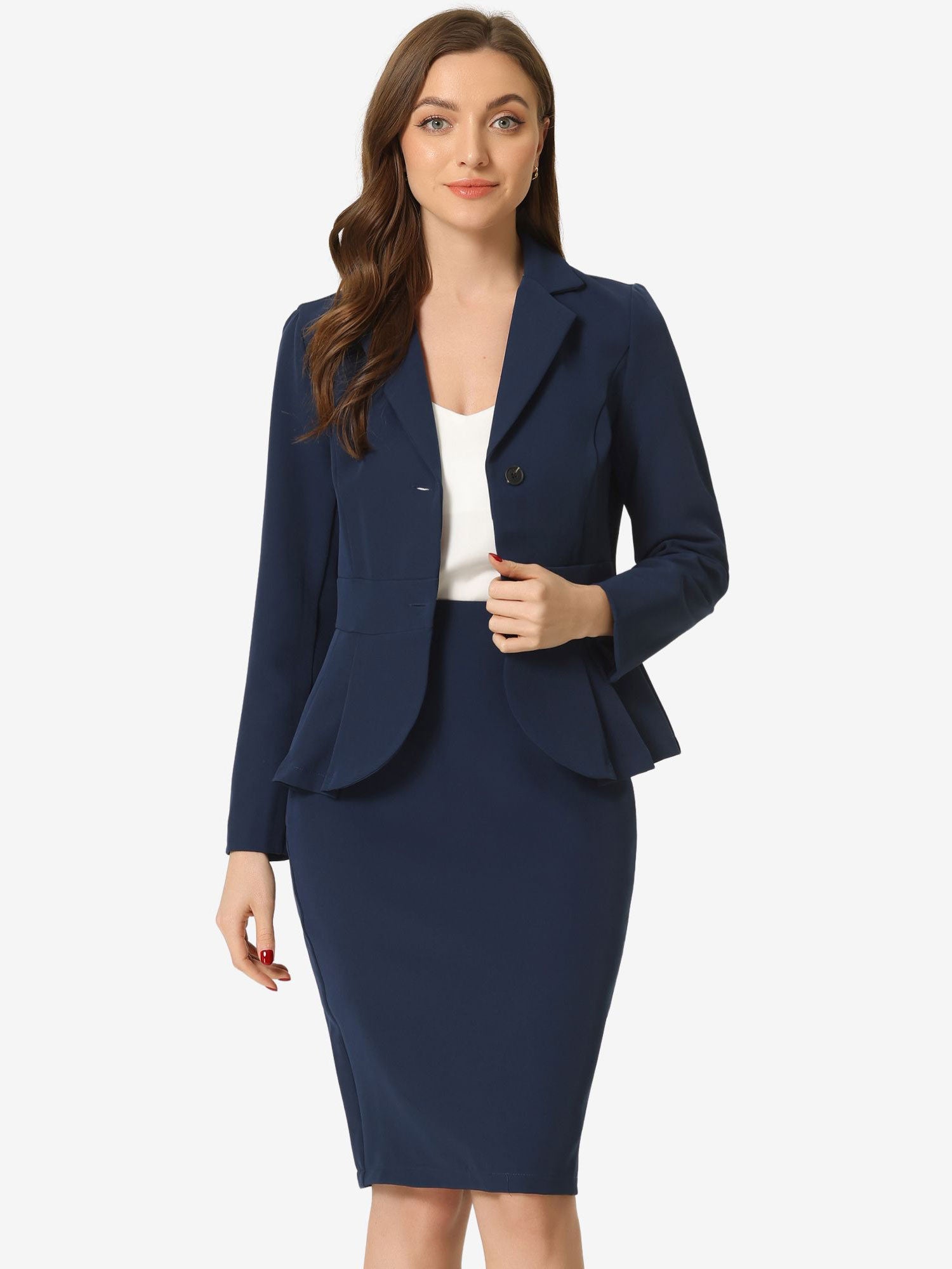 2 Piece Long Sleeve Notched Lapel Peplum Blazer Pencil Skirt Suit Set