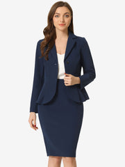 2 Piece Long Sleeve Notched Lapel Peplum Blazer Pencil Skirt Suit Set