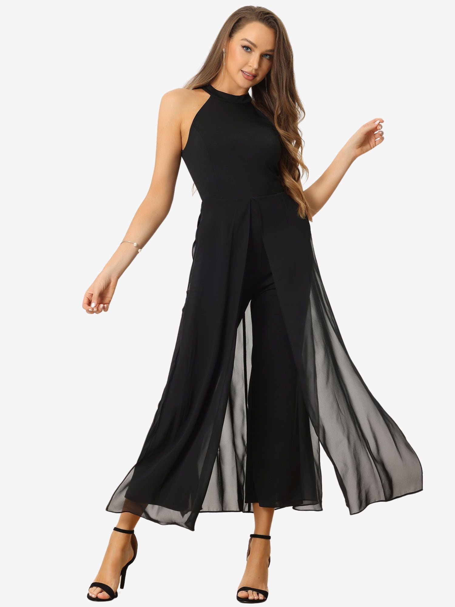 Sleeveless Halter Neck Belted Elegant Wedding Cocktail Dressy Jumpsuits