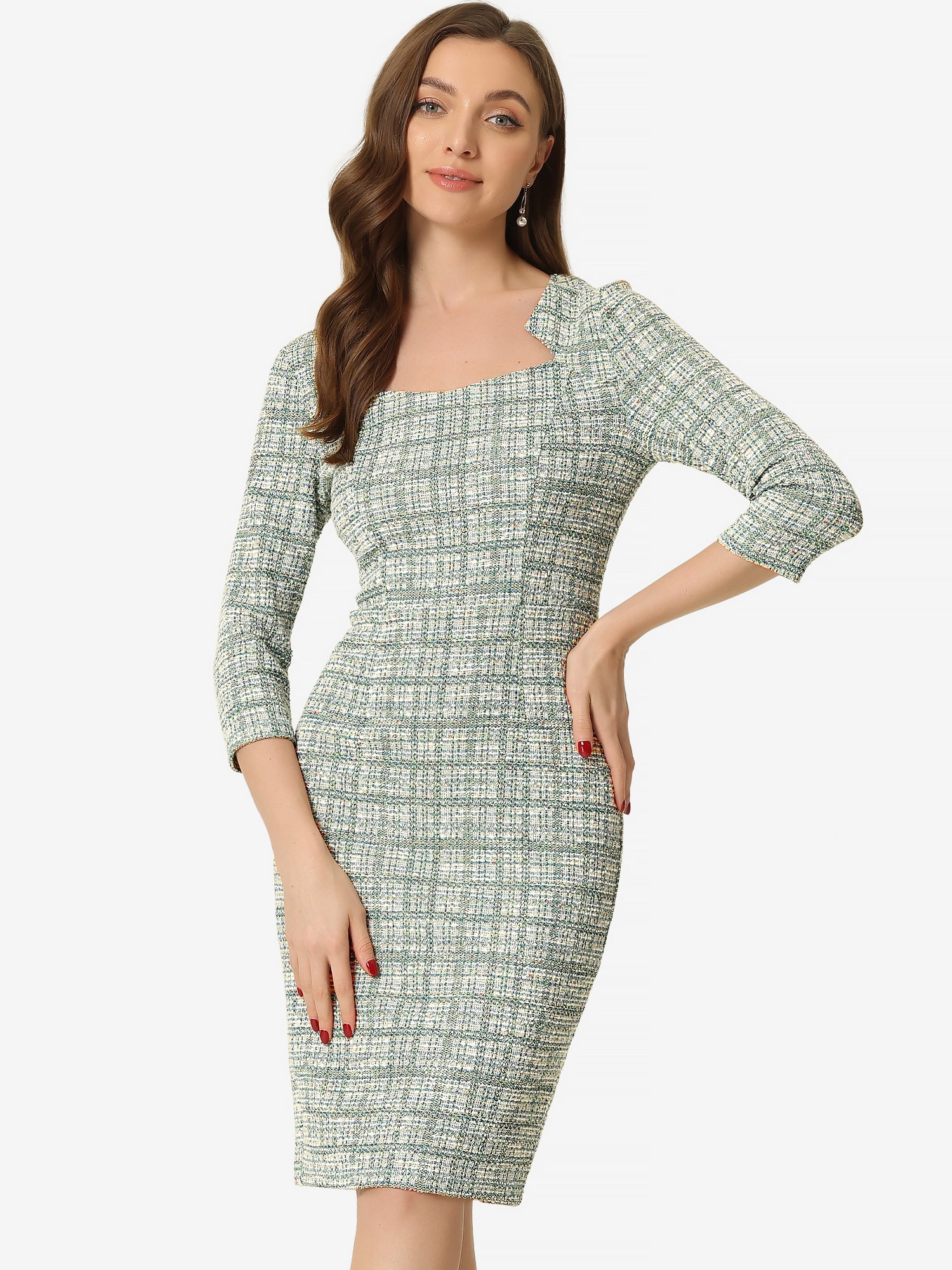 Elegant Square Neck 3/4 Sleeve Plaid Tweed Sheath Dress