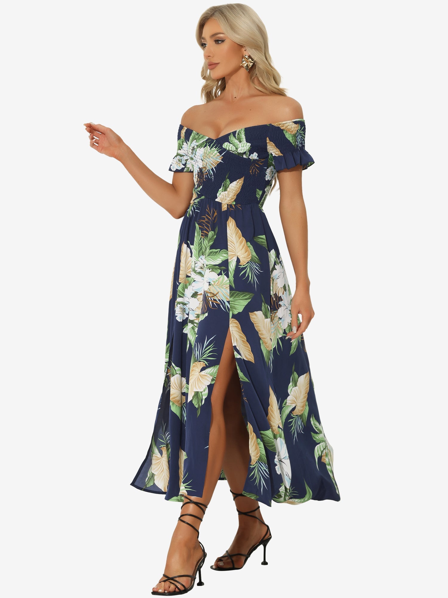 Floral Off Shoulder Midi Beach Summer Vacation Dress