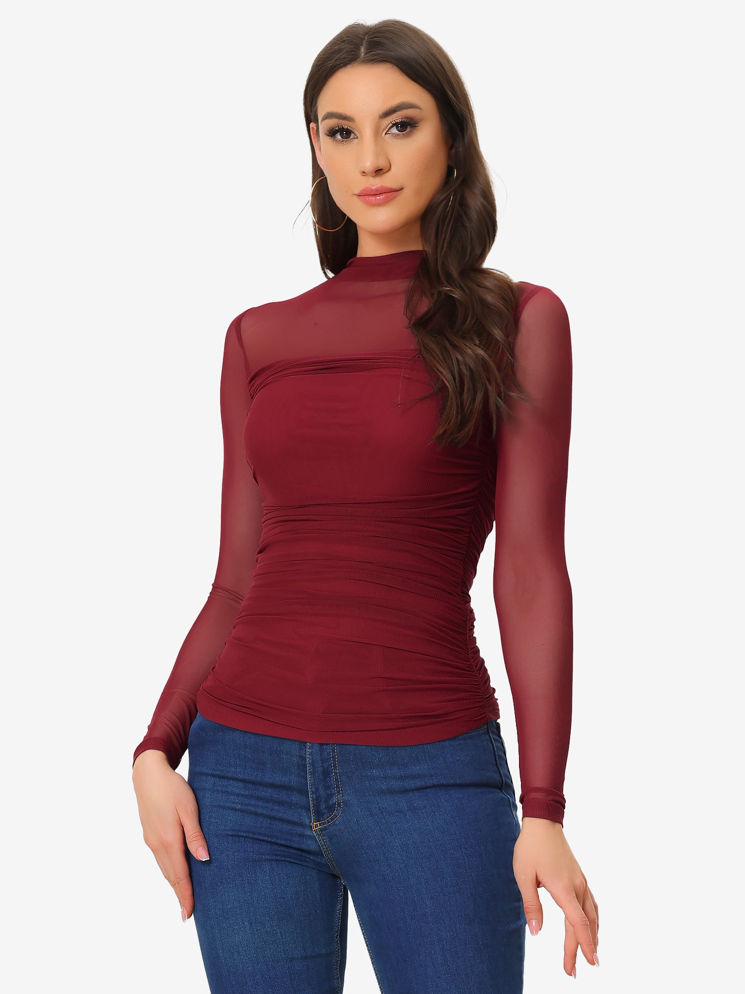 Mesh Solid Long Sleeve Mock Neck Sheer Panel Side Shirring Top