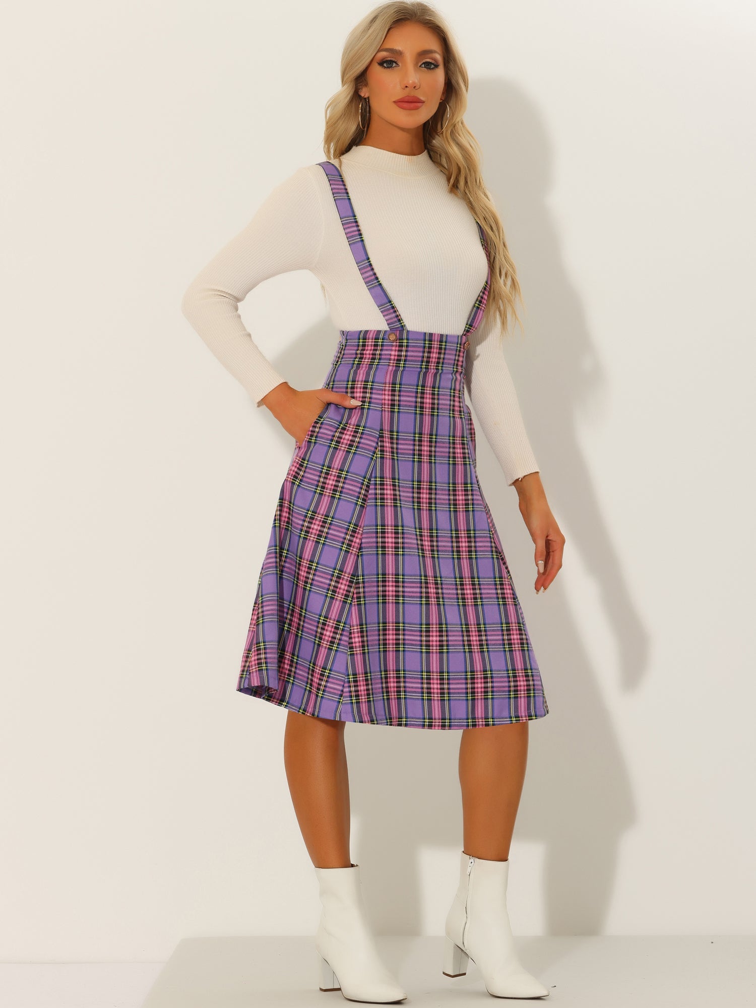 Plaid Overall Tartan Pinafore Suspender Midi Skirt