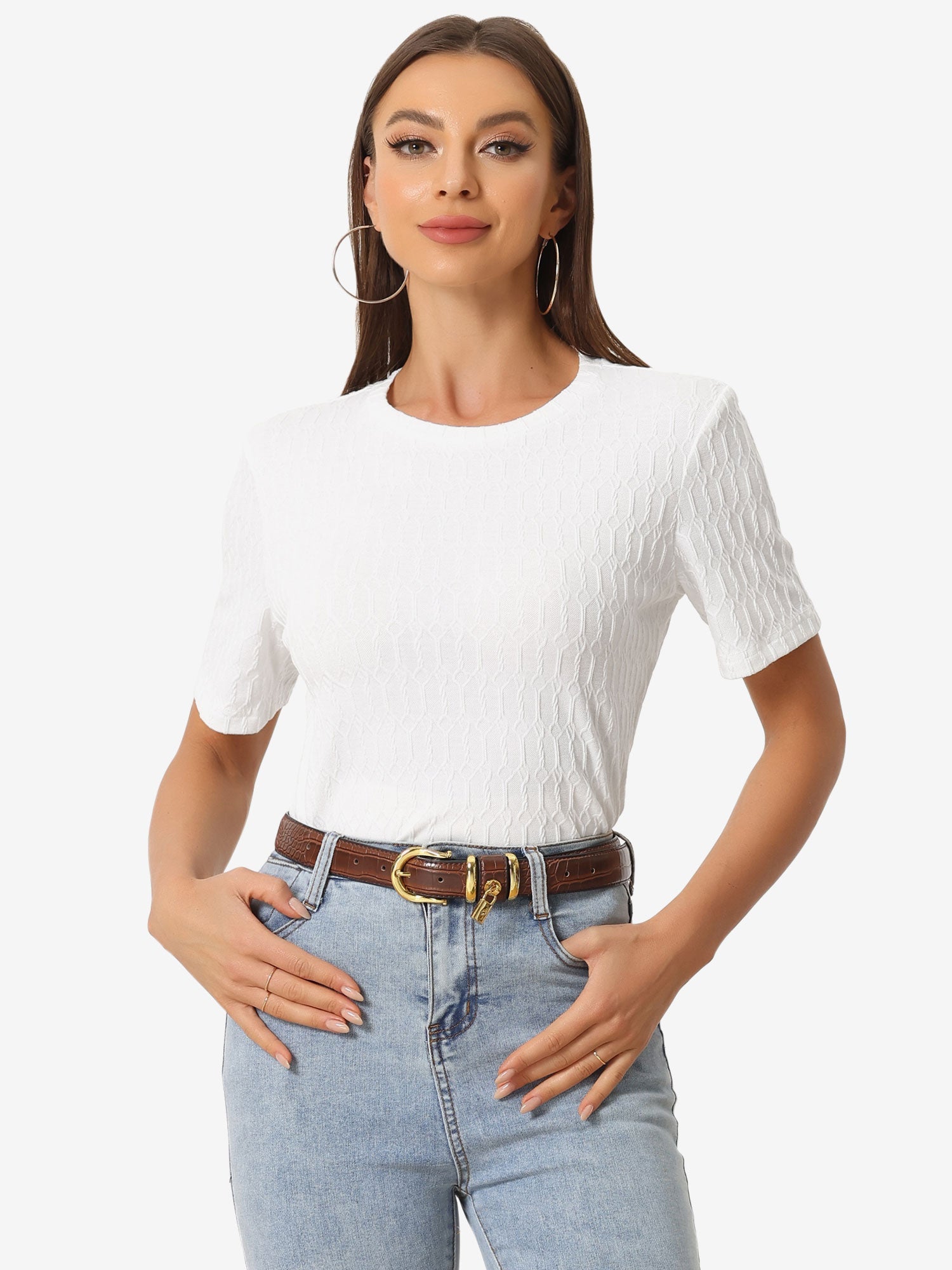 Casual Short Sleeves Round Neck Basic Textured Blouse