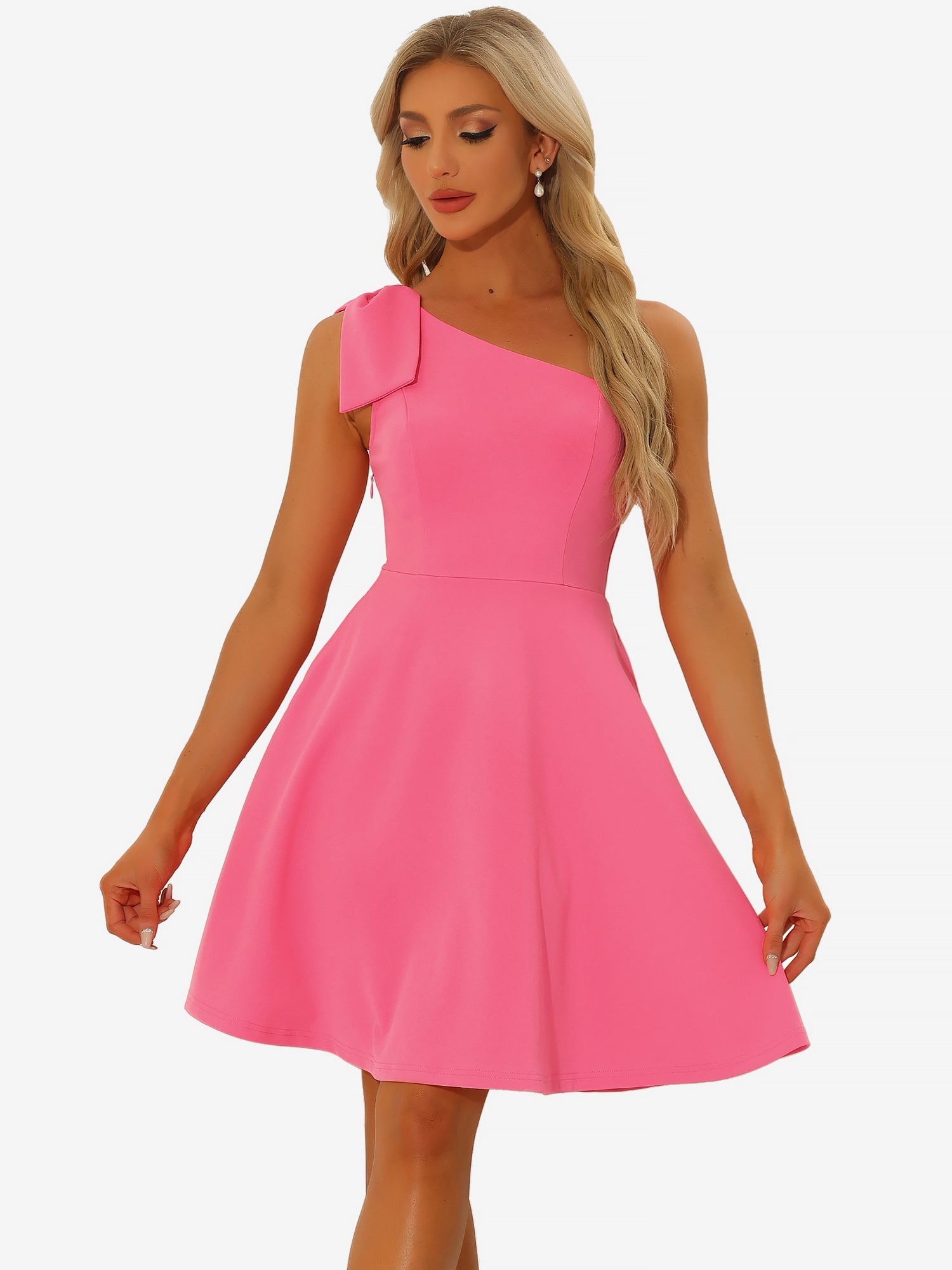 Bow One Shoulder Sleeveless Pockets A-Line Midi Dress