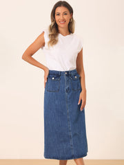 Casual High Waisted Flap Pocket A-Line Long Denim Jean Skirt