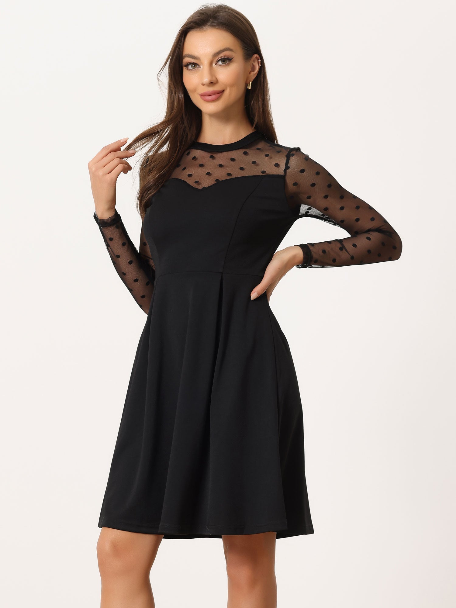 Party Heart Mesh Sheer Sleeve Crew Neck Skater Short Dress