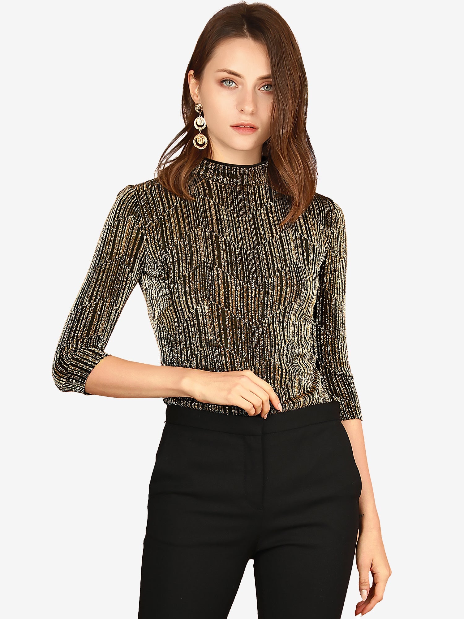 Party Glitter 3/4 Sleeve Shiny Striped Metallic Tops