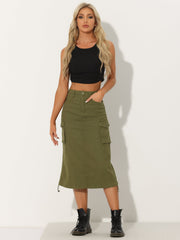 Midi Skirt Flap Pocket Back Slit Drawstring Cargo Skirt