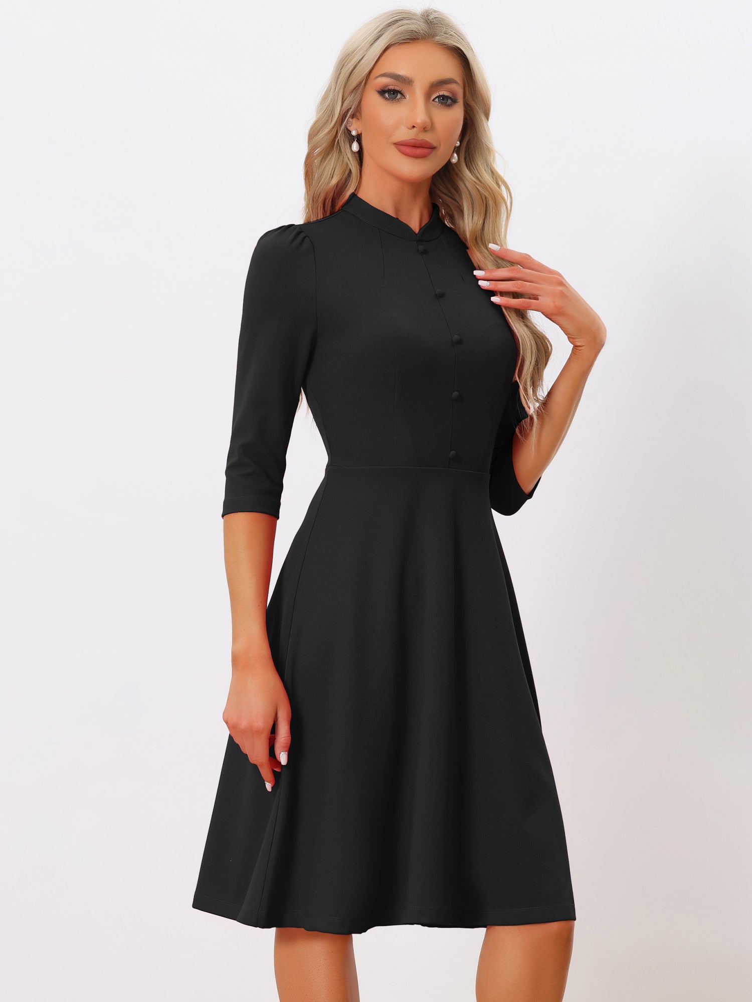Retro 3/4 Sleeve Stand Collar Office Work Elegant A-Line Dress