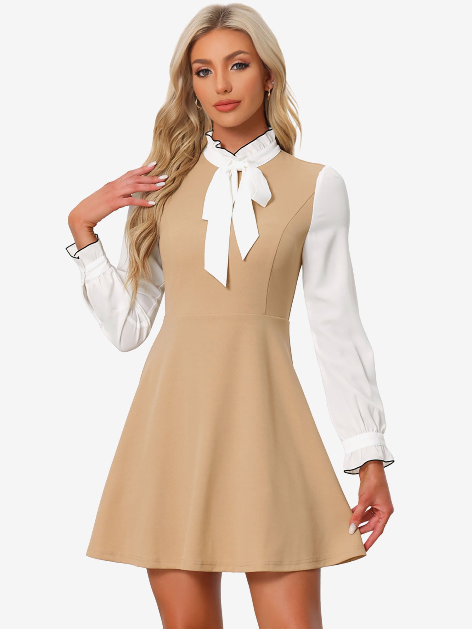 Patchwork Contrast Color Long Sleeve Tie Neck Mini Dress