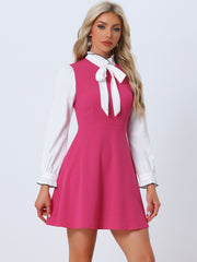 Patchwork Contrast Color Long Sleeve Tie Neck Mini Dress