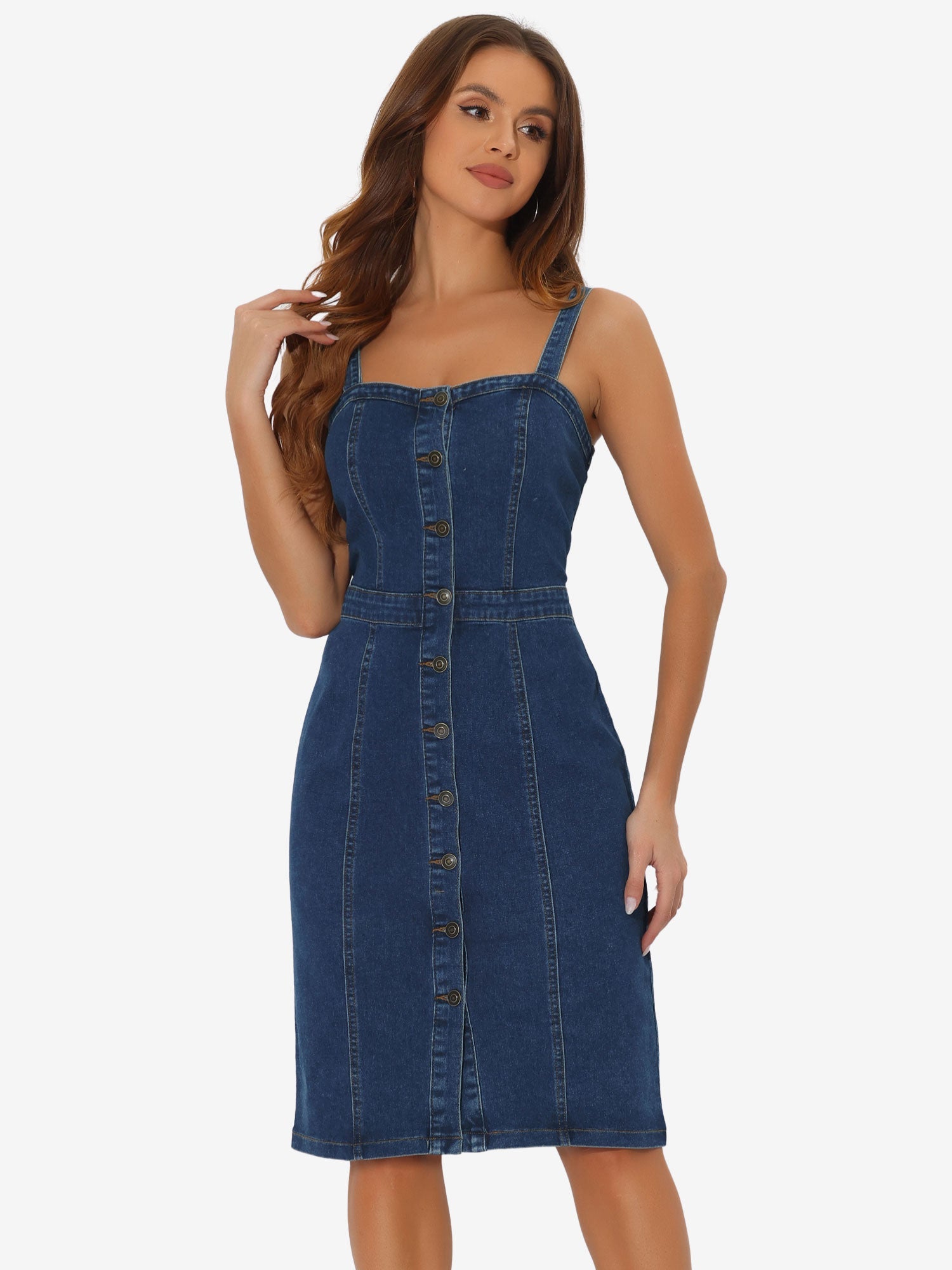 Button Down Denim Sleeveless Sweetheart Neck Jeans Dress
