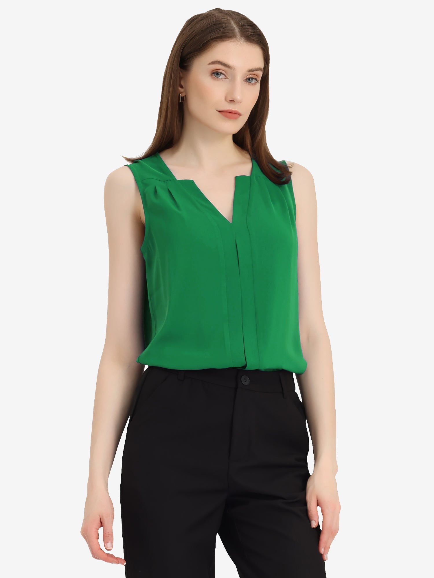 Sleeveless Work Top Pleated Chiffon V Neck Blouse