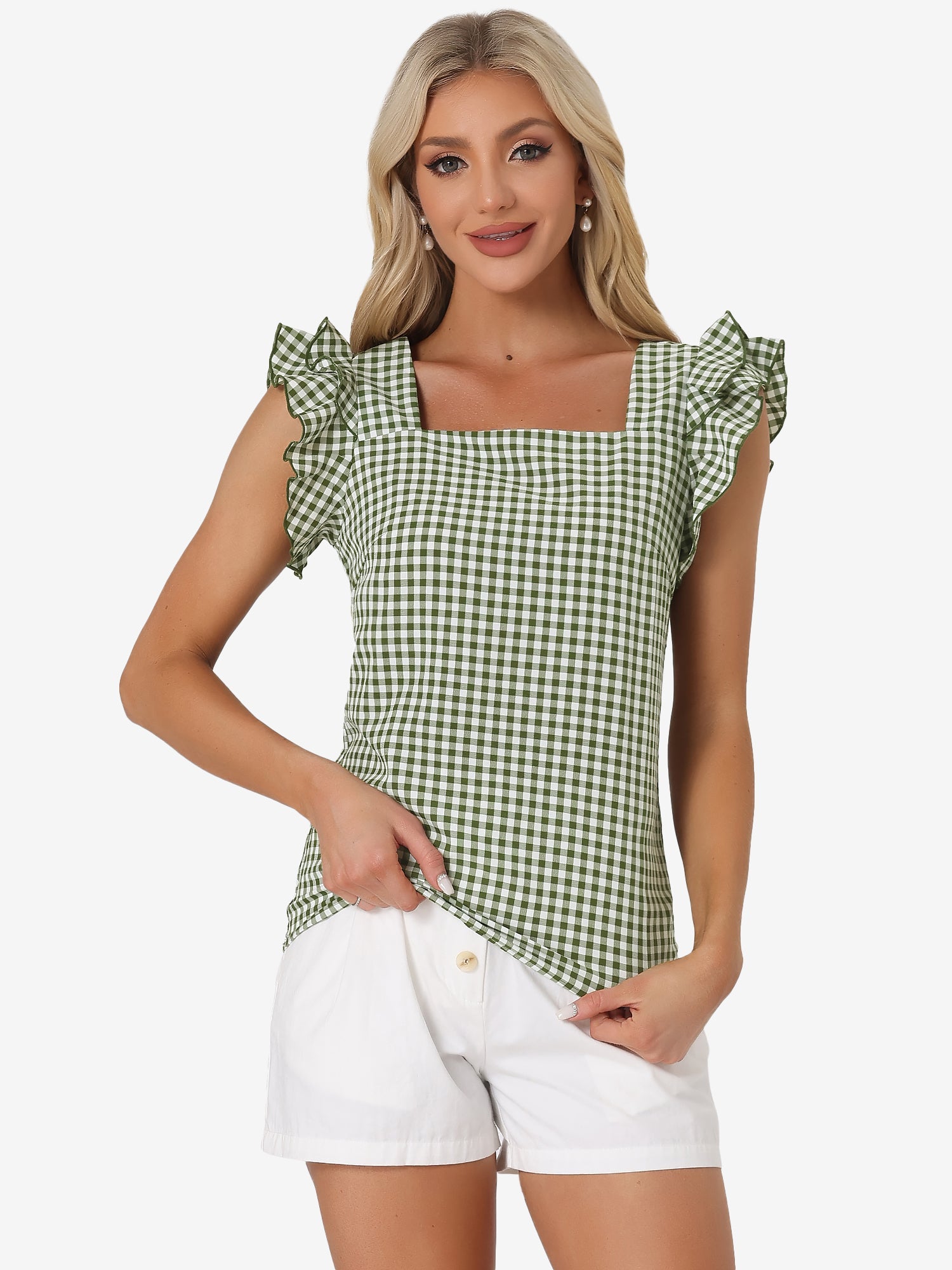 Summer Gingham Tops Square Neck Ruffle Cap Sleeve Blouse