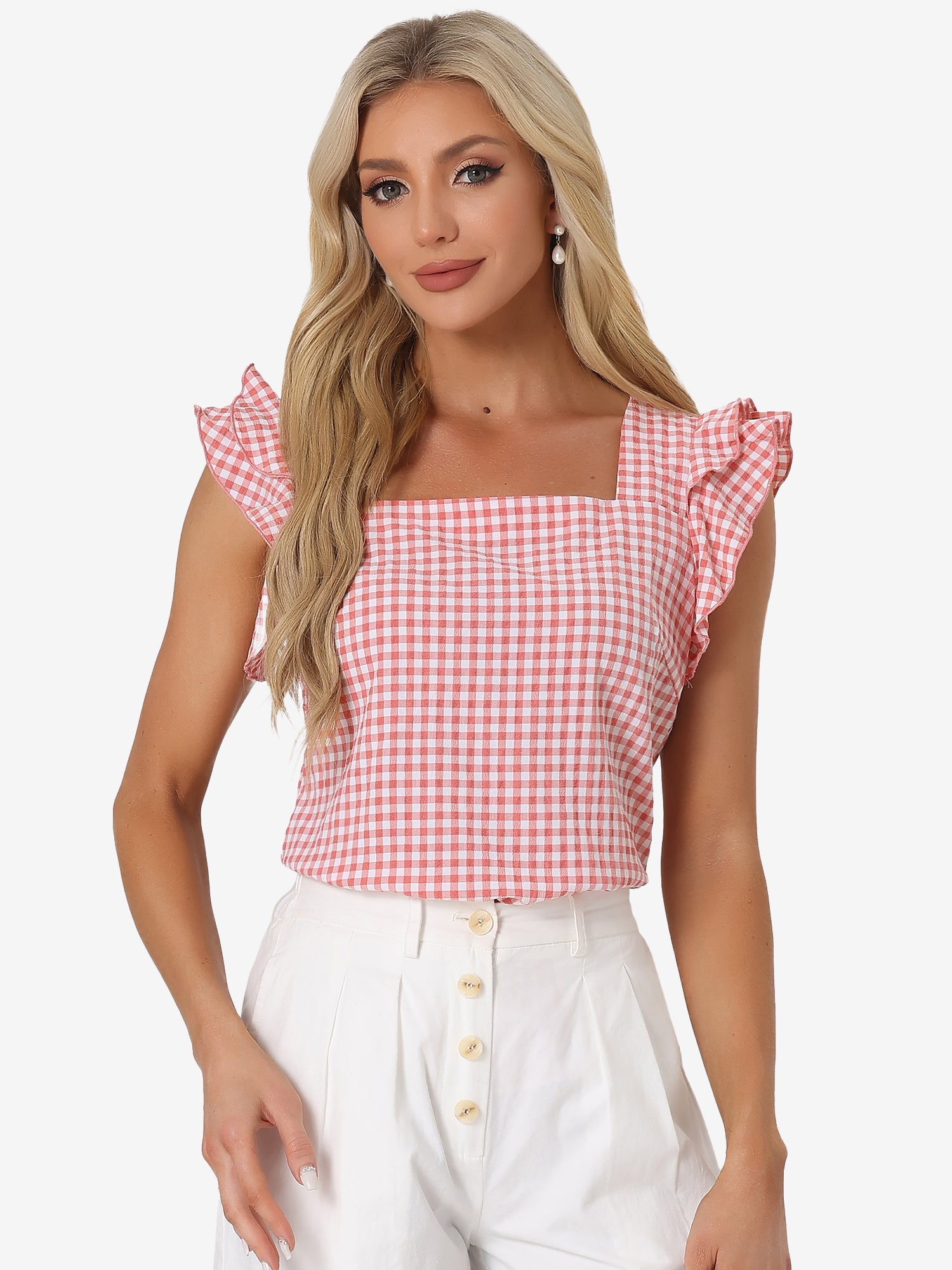 Summer Gingham Tops Square Neck Ruffle Cap Sleeve Blouse