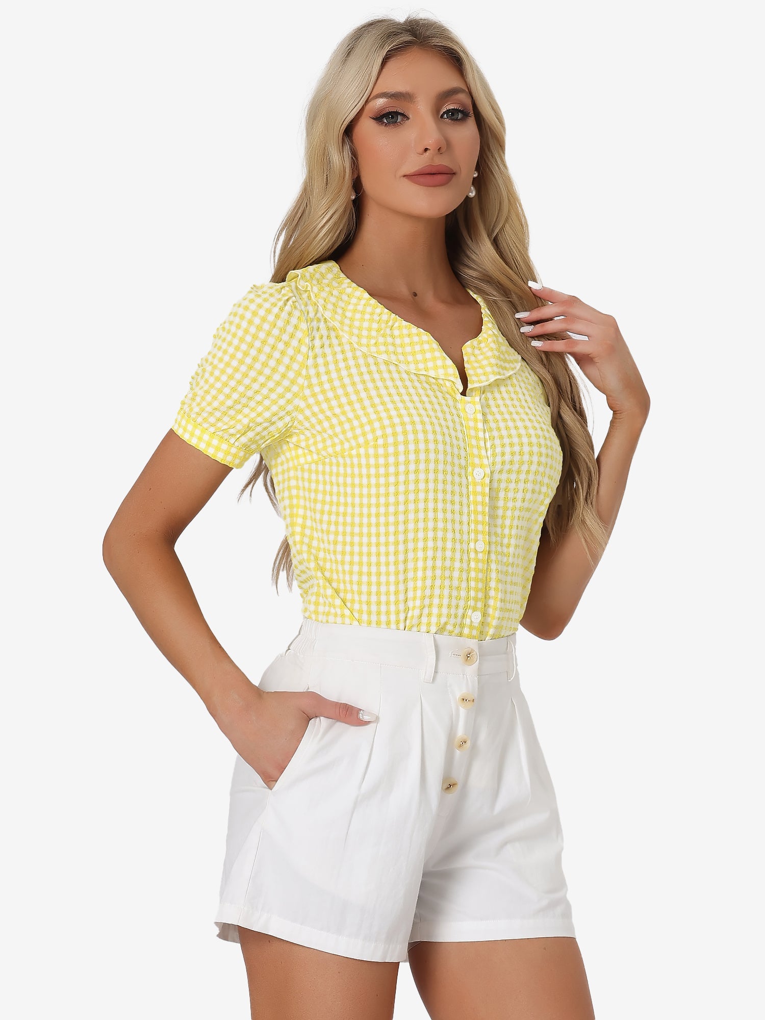 Plaid Blouse Puff Sleeve Ruffle Peter Pan Collar Shirt Top
