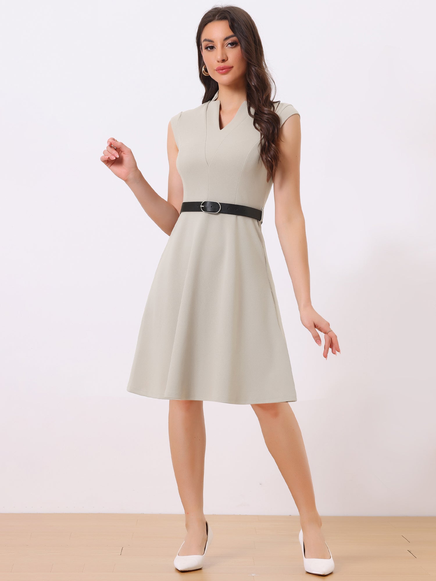 Office V Neck Work Sleeveless A-line Midi Solid Belted Dress