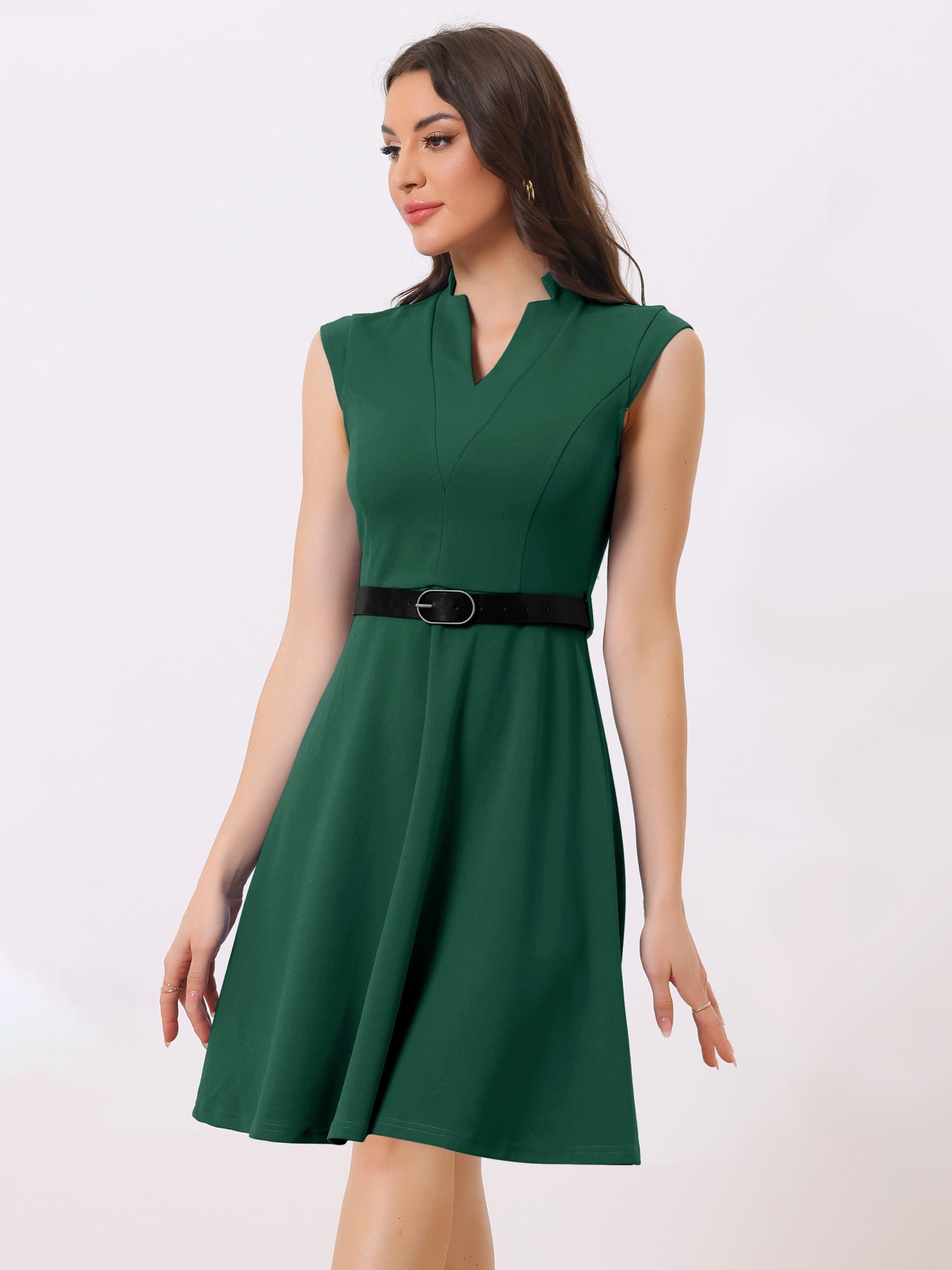 Office V Neck Work Sleeveless A-line Midi Solid Belted Dress
