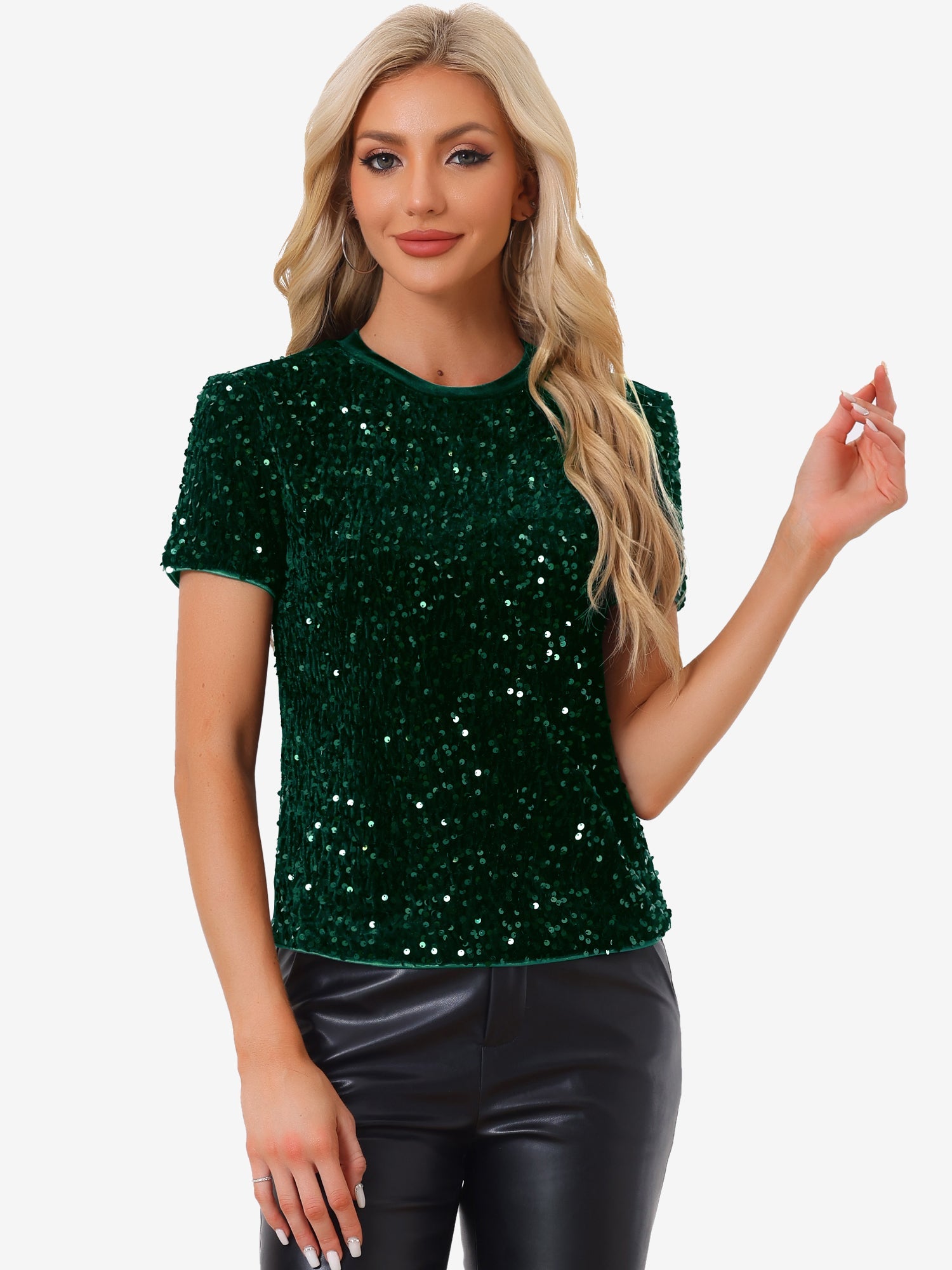 Glitter Sequin Velvet Crew Neck Short Sleeve Party Clubwear Blouse