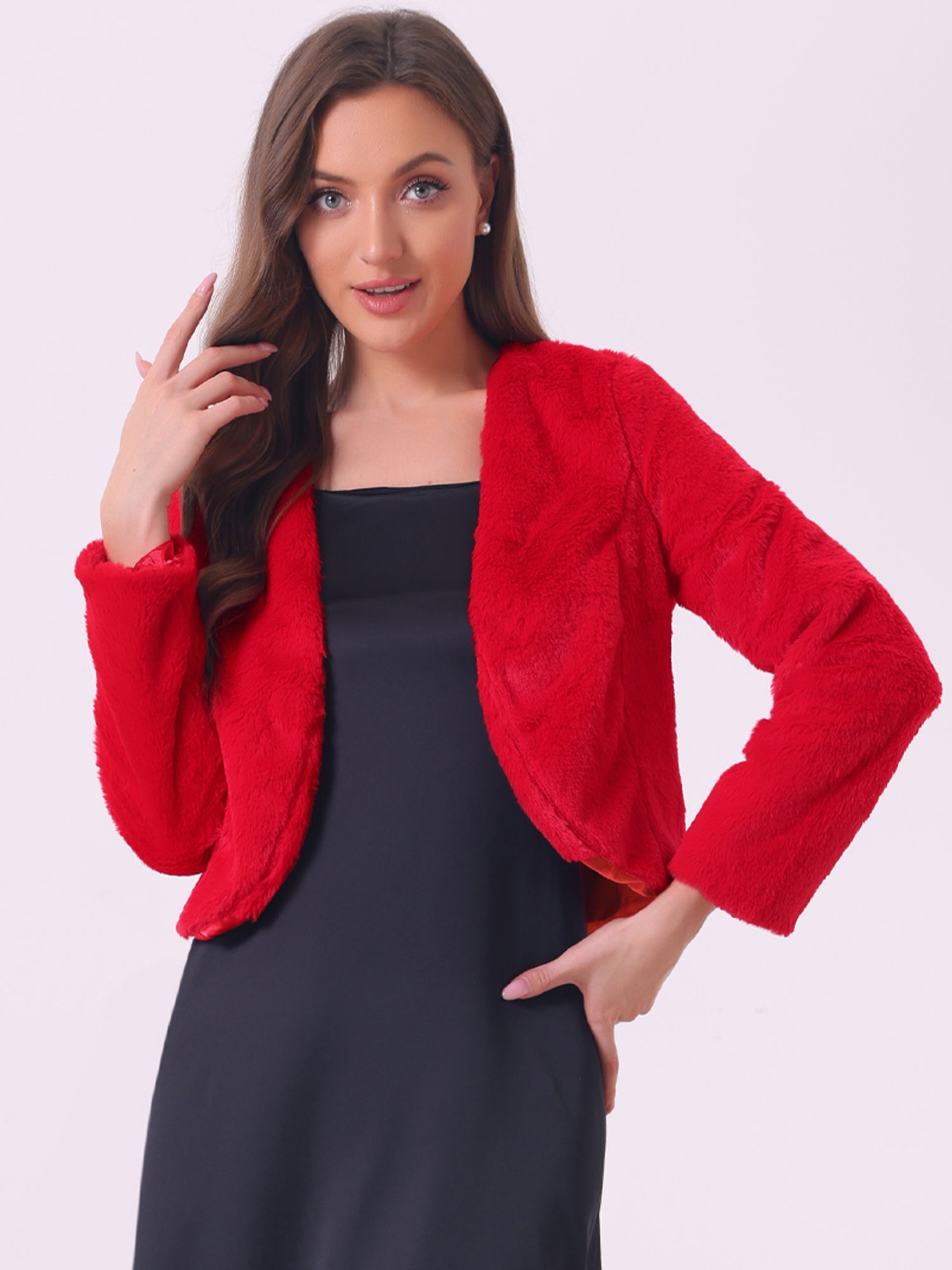 Faux Fur Long Sleeve Open Front Bolero Winter Coat Cropped Jacket