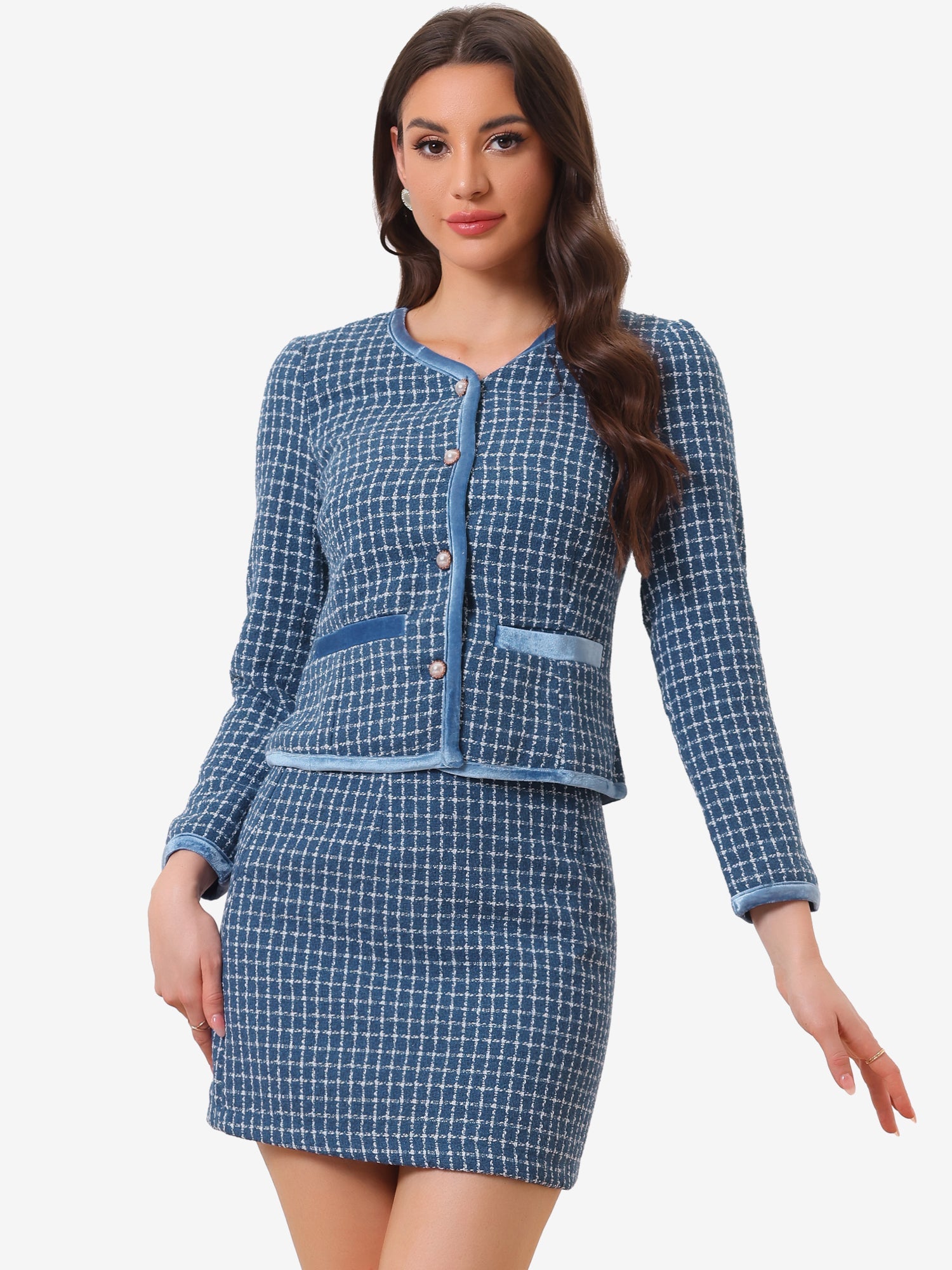 2 Piece Outfits Plaid Tweed Cropped Blazer Jacket & Mini Skirt Suit Set