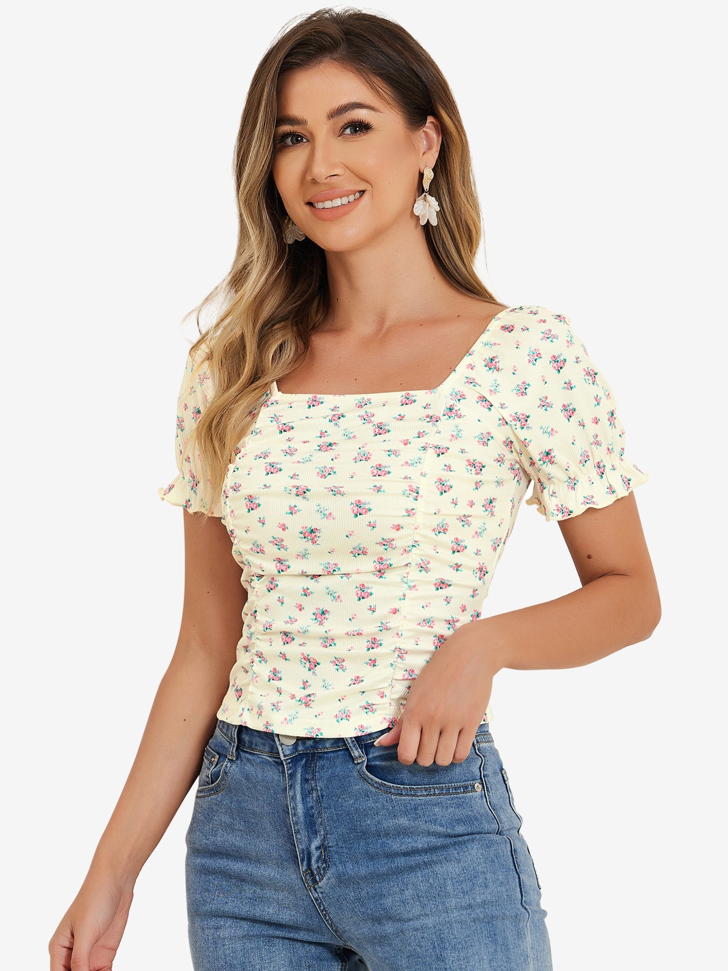 Smocked Crop Top Slim Fit Peasant Floral Blouse