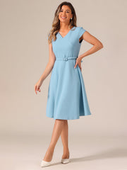 Belted V Neck Cap Sleeve Flowy A-line Midi Dress