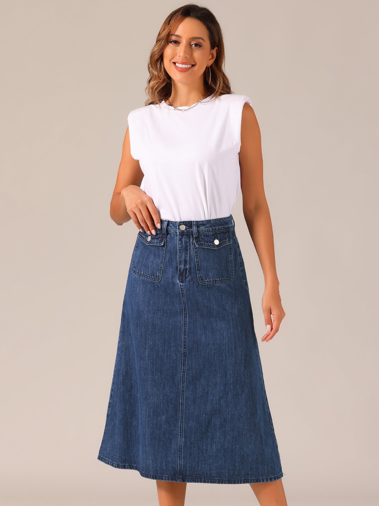 Casual High Waisted Flap Pocket A-Line Long Denim Jean Skirt